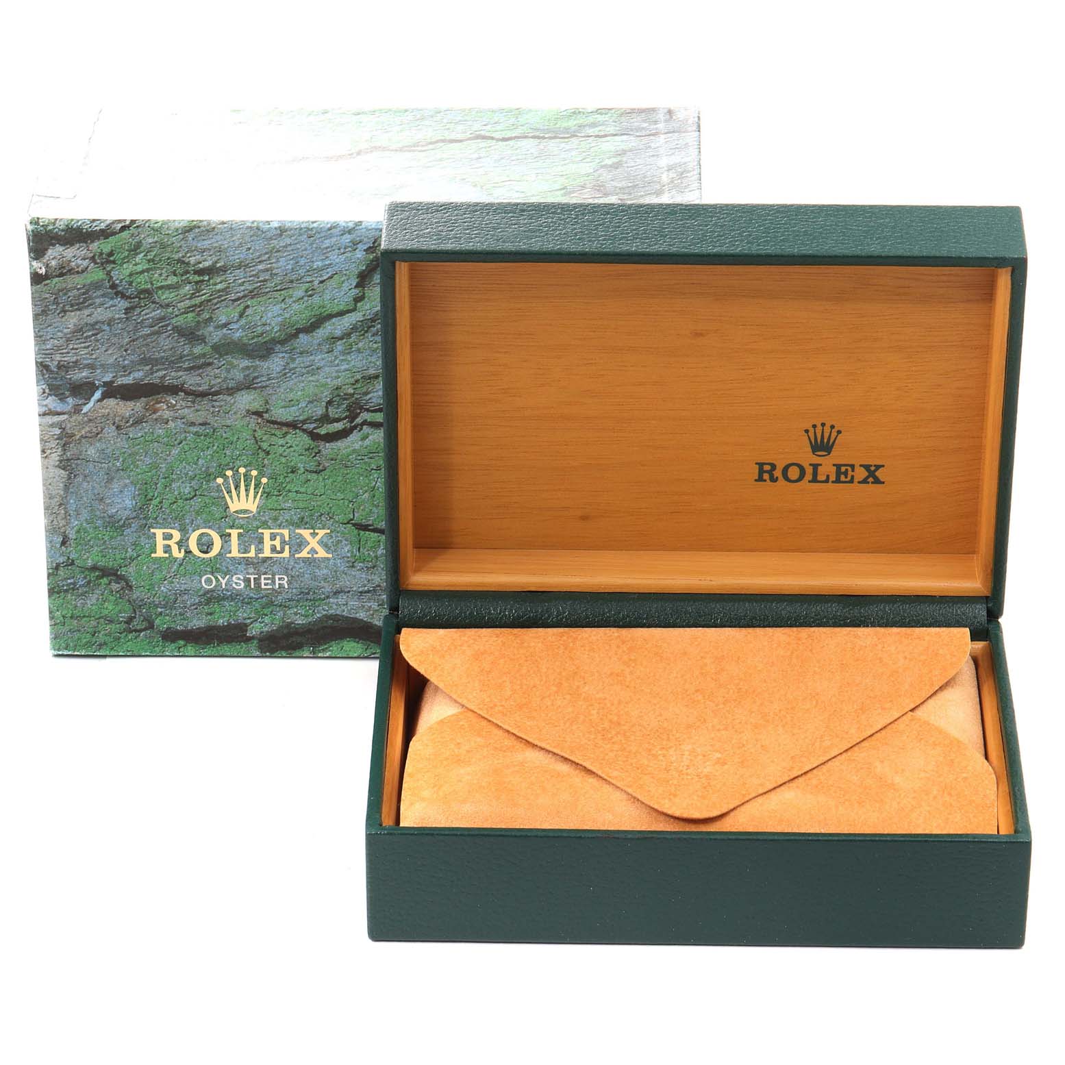 The image shows the packaging for a Rolex Air-King 14000 Men's Stainless Steel Black Dial 14000 Men's Stainless Steel Black Dial, including its outer box, inner box, and a leather pouch.