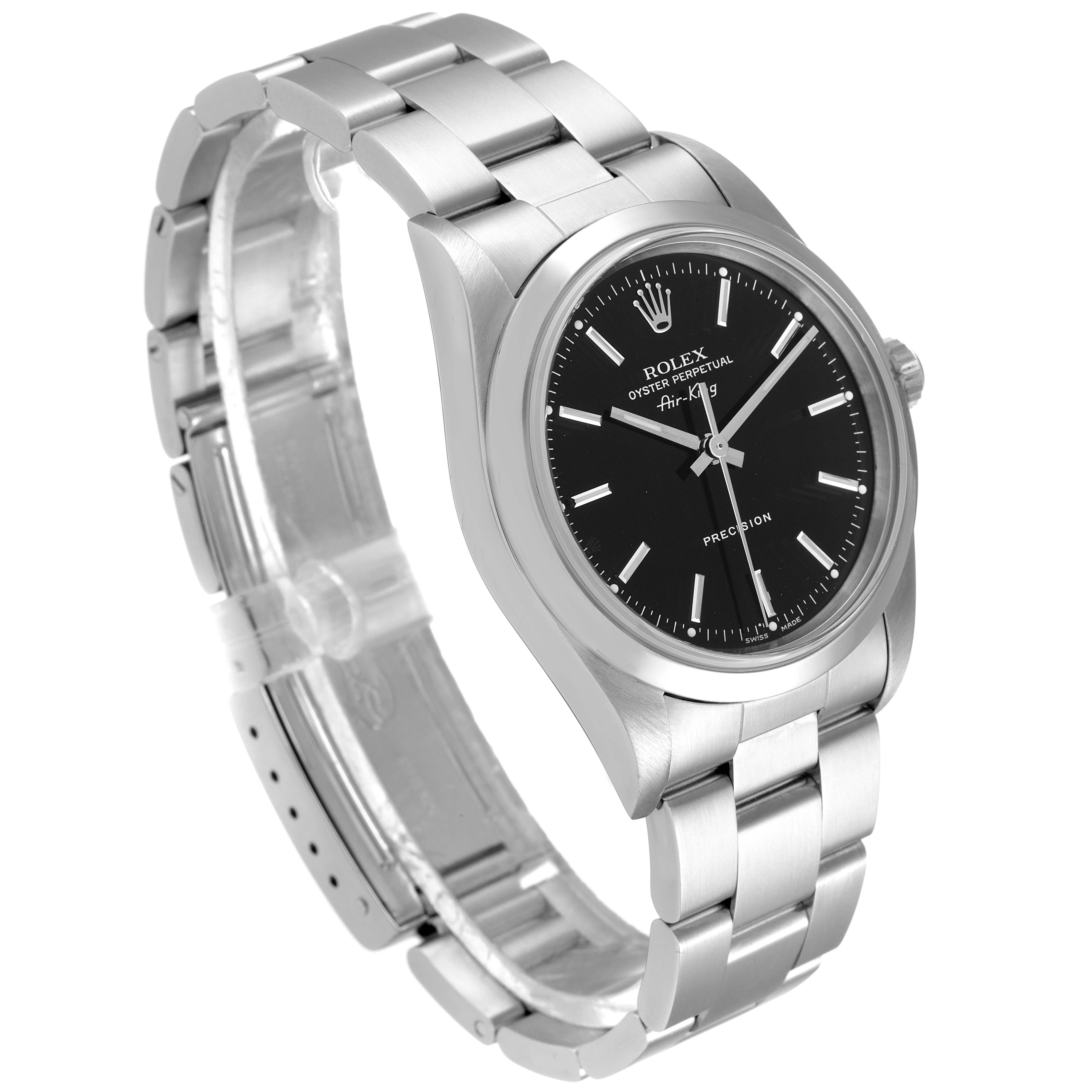 The Rolex Air-King 14000 Men's Stainless Steel Black Dial 14000 Men's Stainless Steel Black Dial watch is shown at a slight angle, displaying the face, bezel, crown, and part of the bracelet.