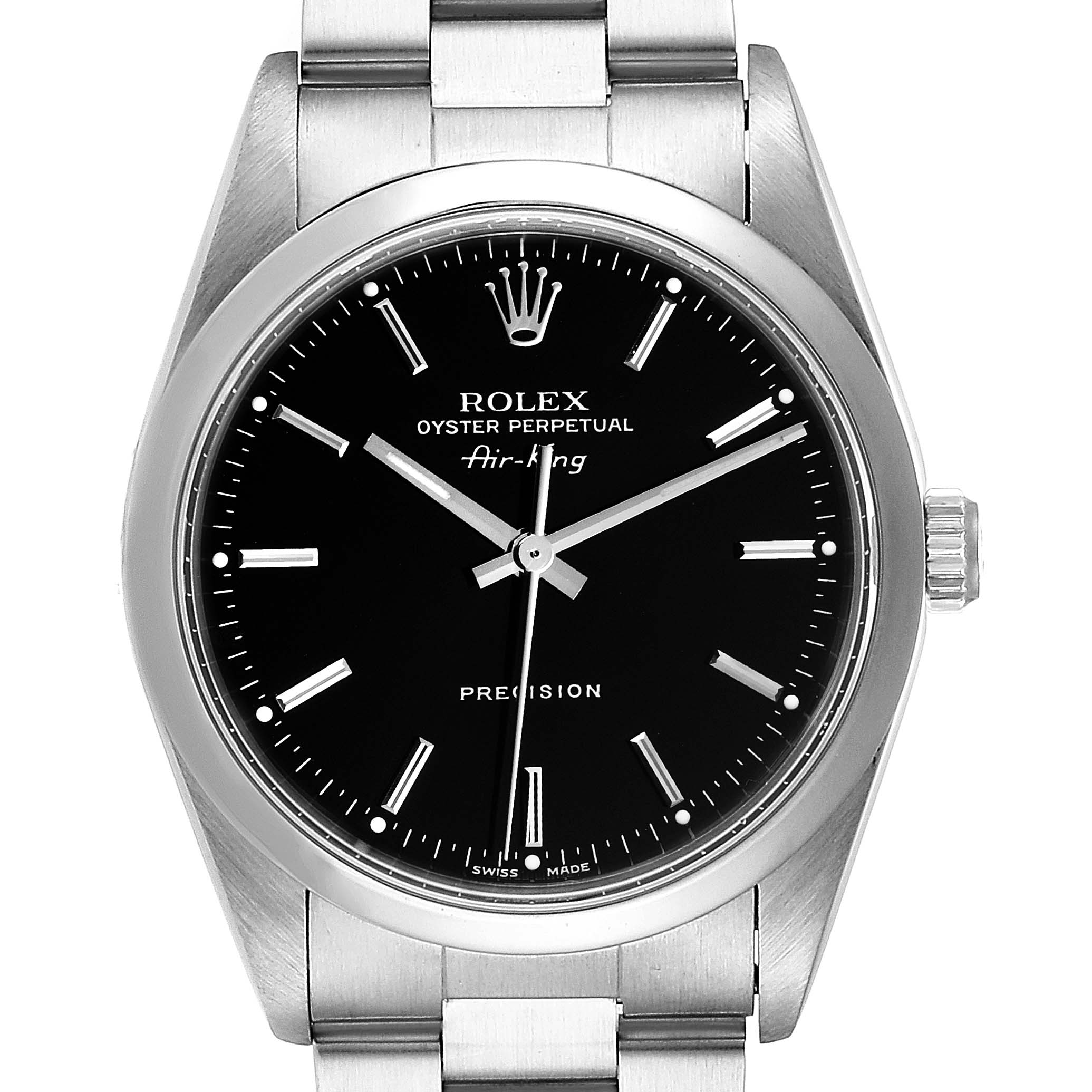 The Rolex Air-King 14000 Men's Stainless Steel Black Dial 14000 Men's Stainless Steel Black Dial watch is shown from the front, displaying the dial, hands, crown, and part of the bracelet.