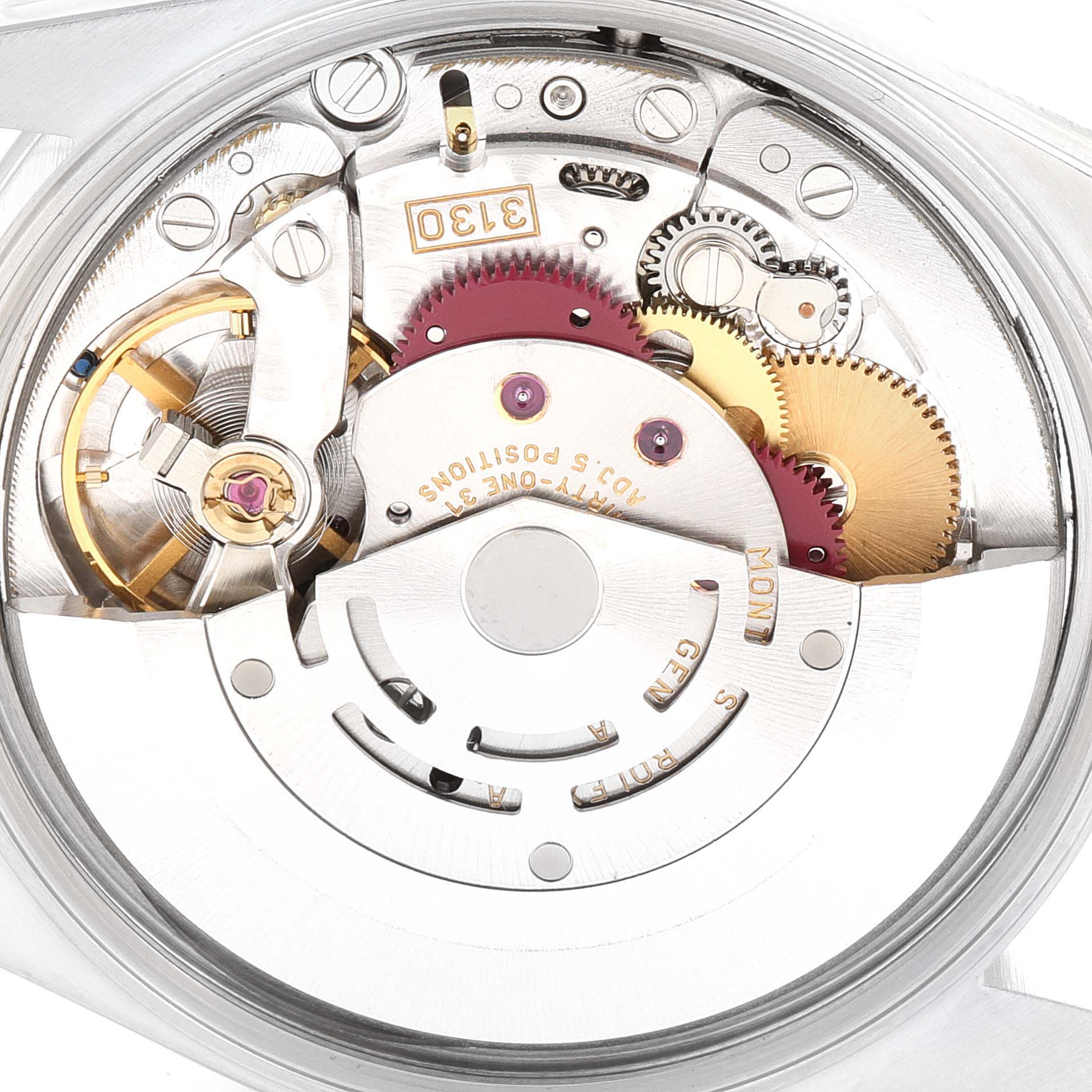 The image shows a close-up view of the inner mechanical movement of a Rolex Air-King 14000 Men's Stainless Steel Black Dial 14000 Men's Stainless Steel Black Dial watch, highlighting its gears and components.