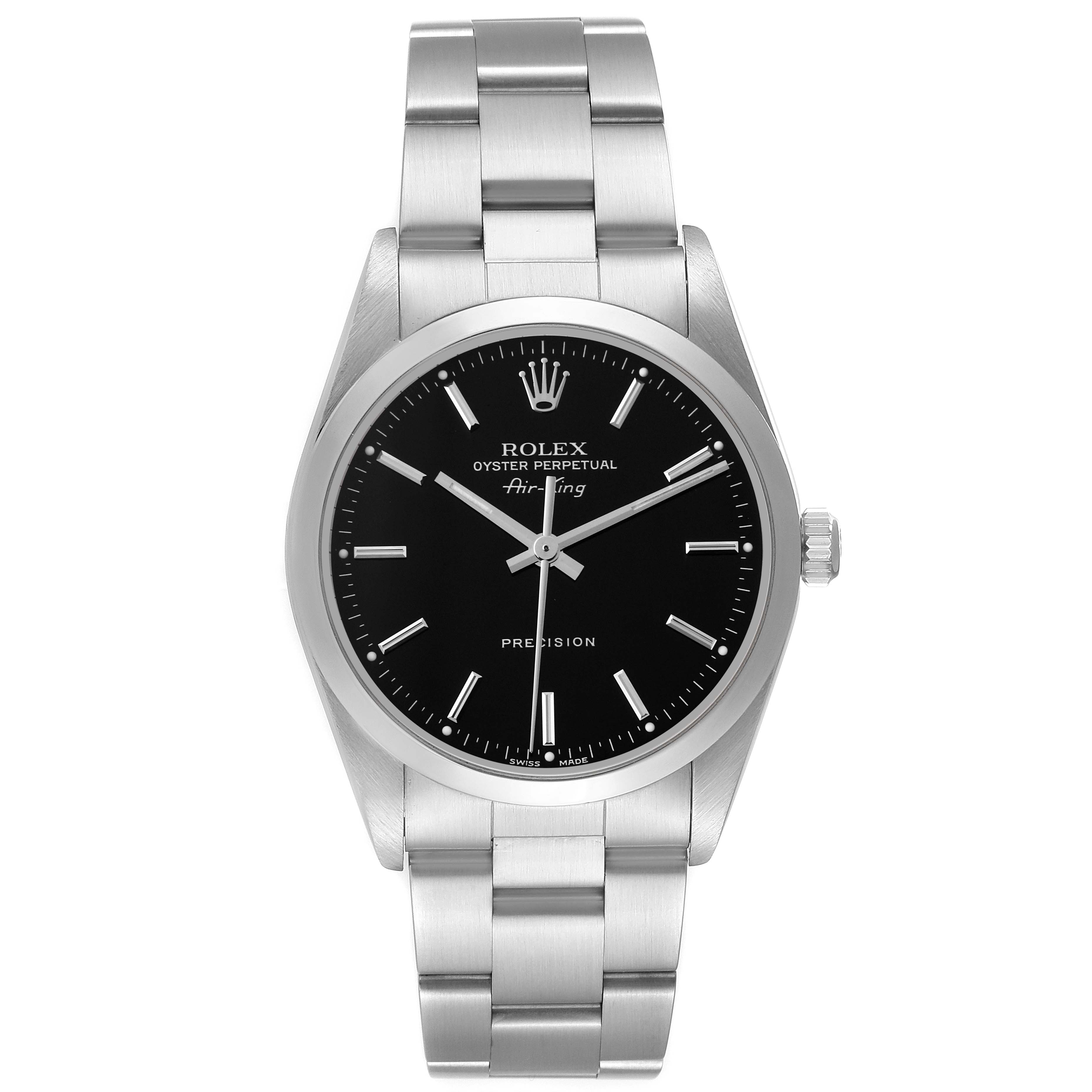 The Rolex Air-King 14000M Men's Stainless Steel Black Dial 14000M Men's Stainless Steel Black Dial watch is shown from a front angle, displaying the face, bezel, bracelet, and crown.