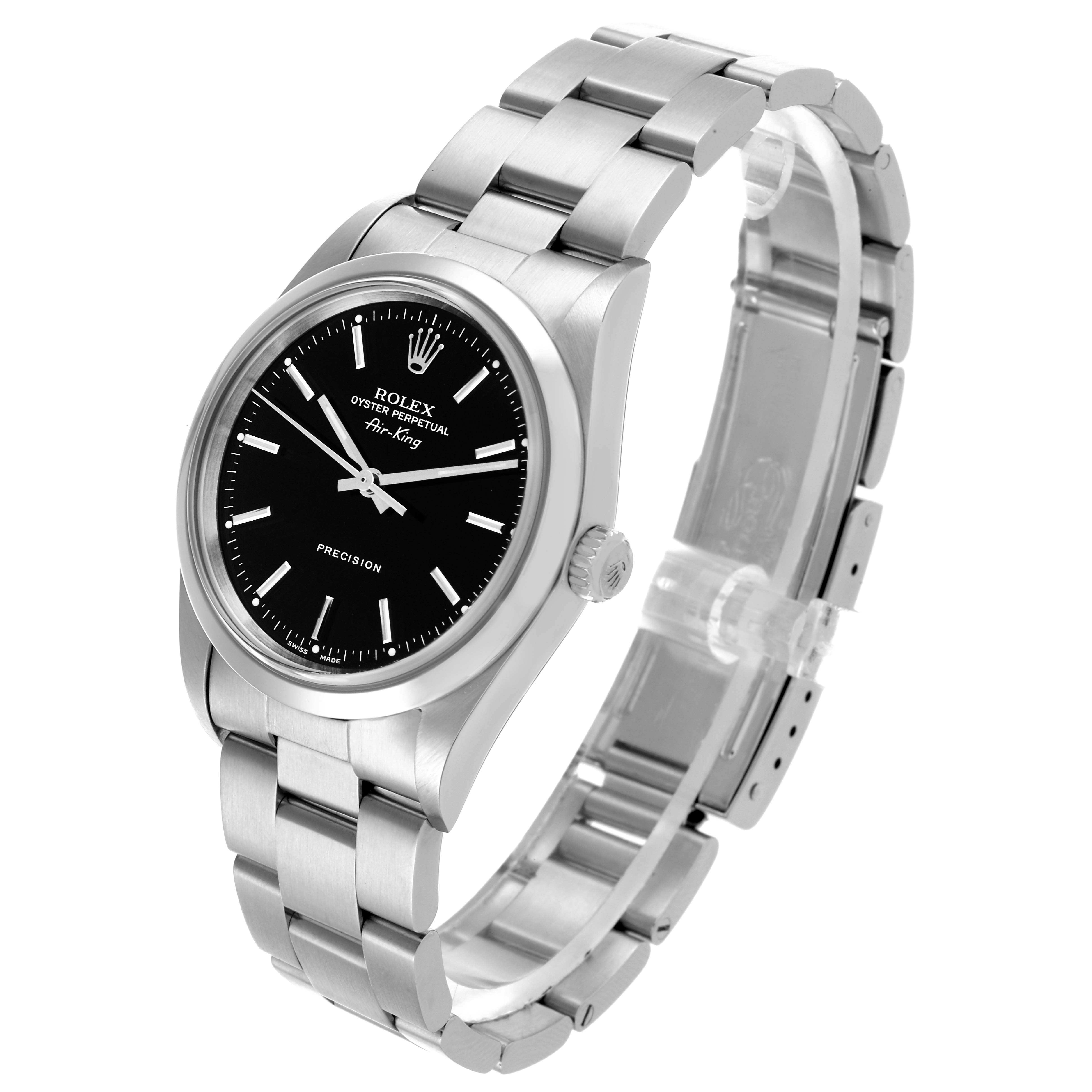 The Rolex Air-King 14000M Men's Stainless Steel Black Dial 14000M Men's Stainless Steel Black Dial is shown at a side angle, displaying the black dial, bezel, crown, and Oyster bracelet.