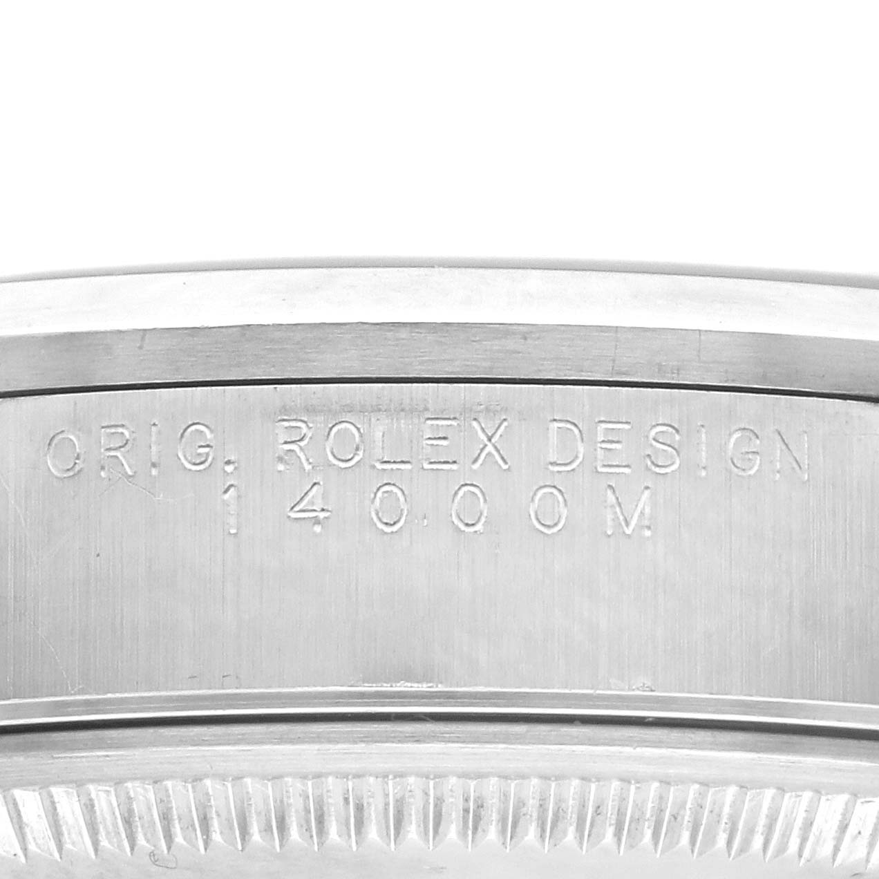 The image shows a close-up of the side of a Rolex Air-King 14000M Men's Stainless Steel Black Dial 14000M Men's Stainless Steel Black Dial watch, focusing on the engraved model number and brand name.