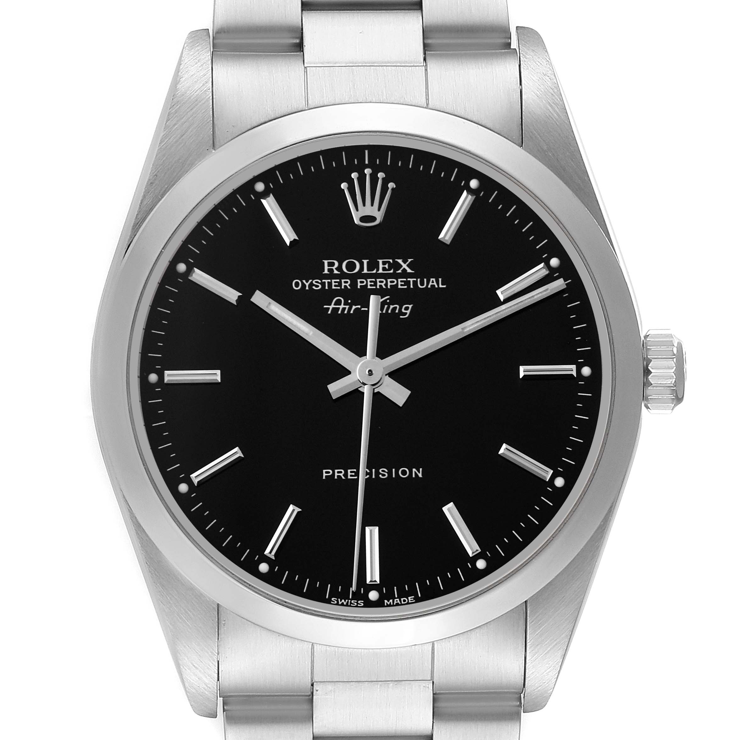 The image shows a front view of the Rolex Air-King 14000M Men's Stainless Steel Black Dial 14000M Men's Stainless Steel Black Dial watch, displaying its black dial, silver hour markers, and crown.