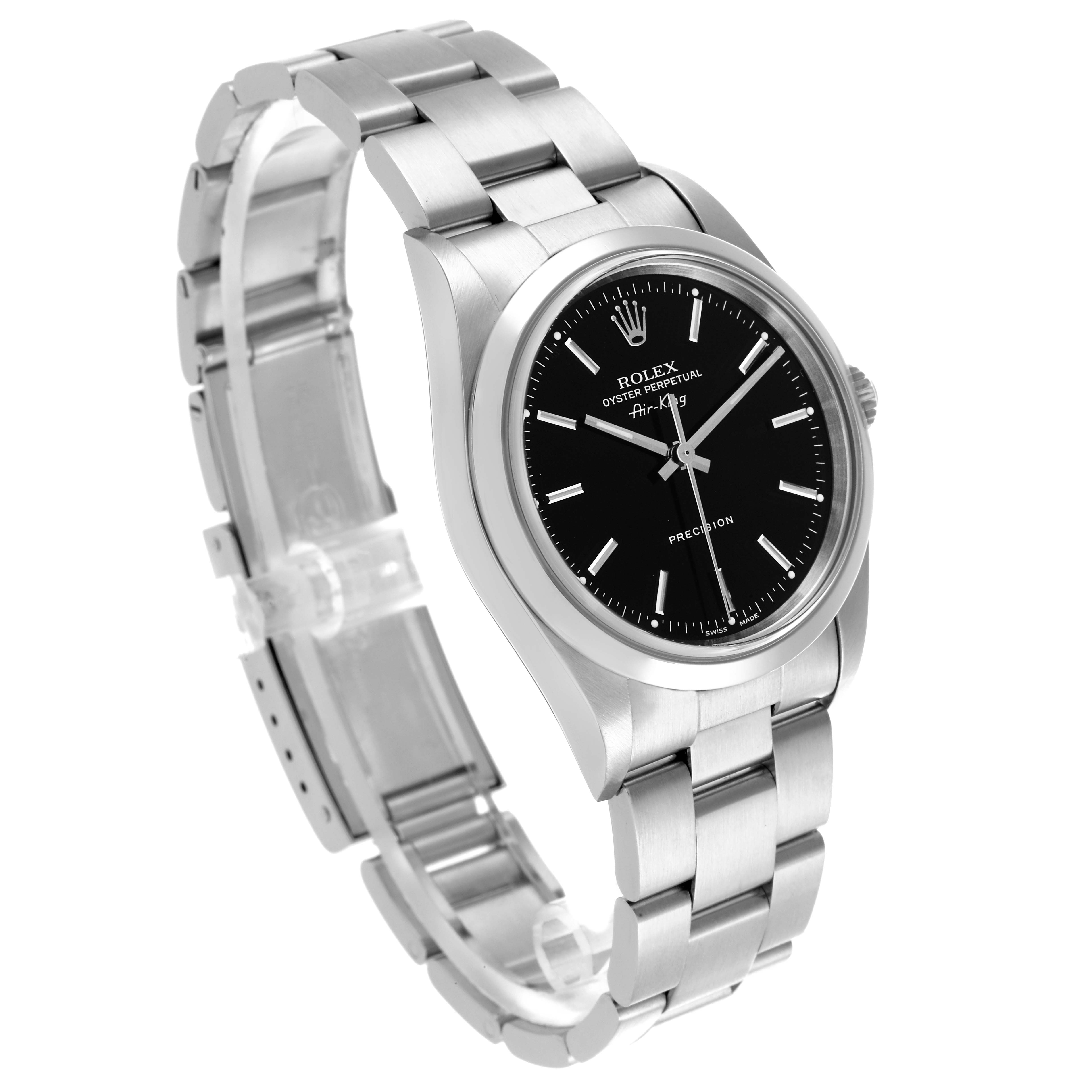 The image shows a Rolex Air-King 14000M Men's Stainless Steel Black Dial 14000M Men's Stainless Steel Black Dial watch at an angled side view, highlighting the bracelet, case, and black dial.