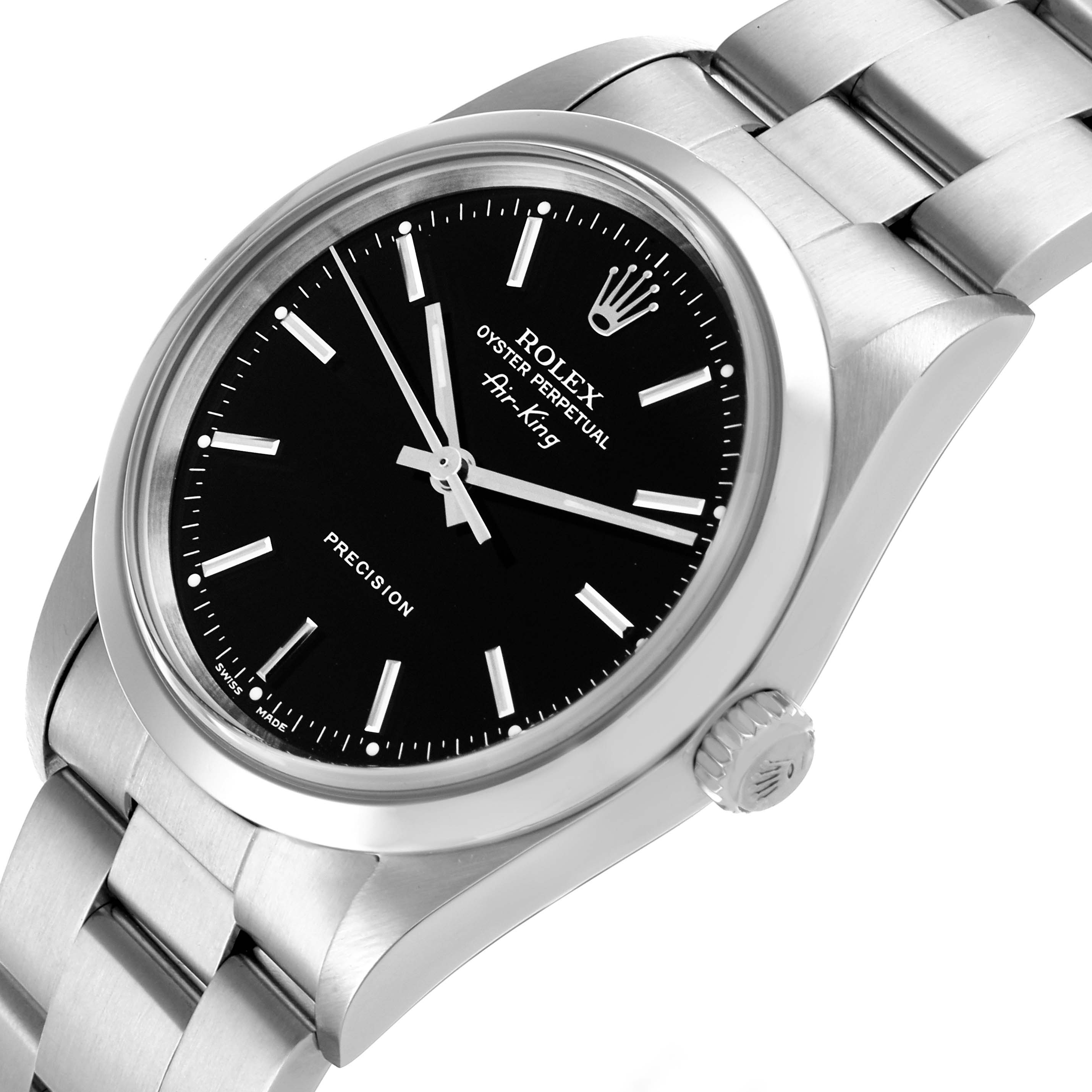The Rolex Air-King 14000M Men's Stainless Steel Black Dial 14000M Men's Stainless Steel Black Dial watch is shown at a slight angle, highlighting the face, bezel, crown, and part of the bracelet.