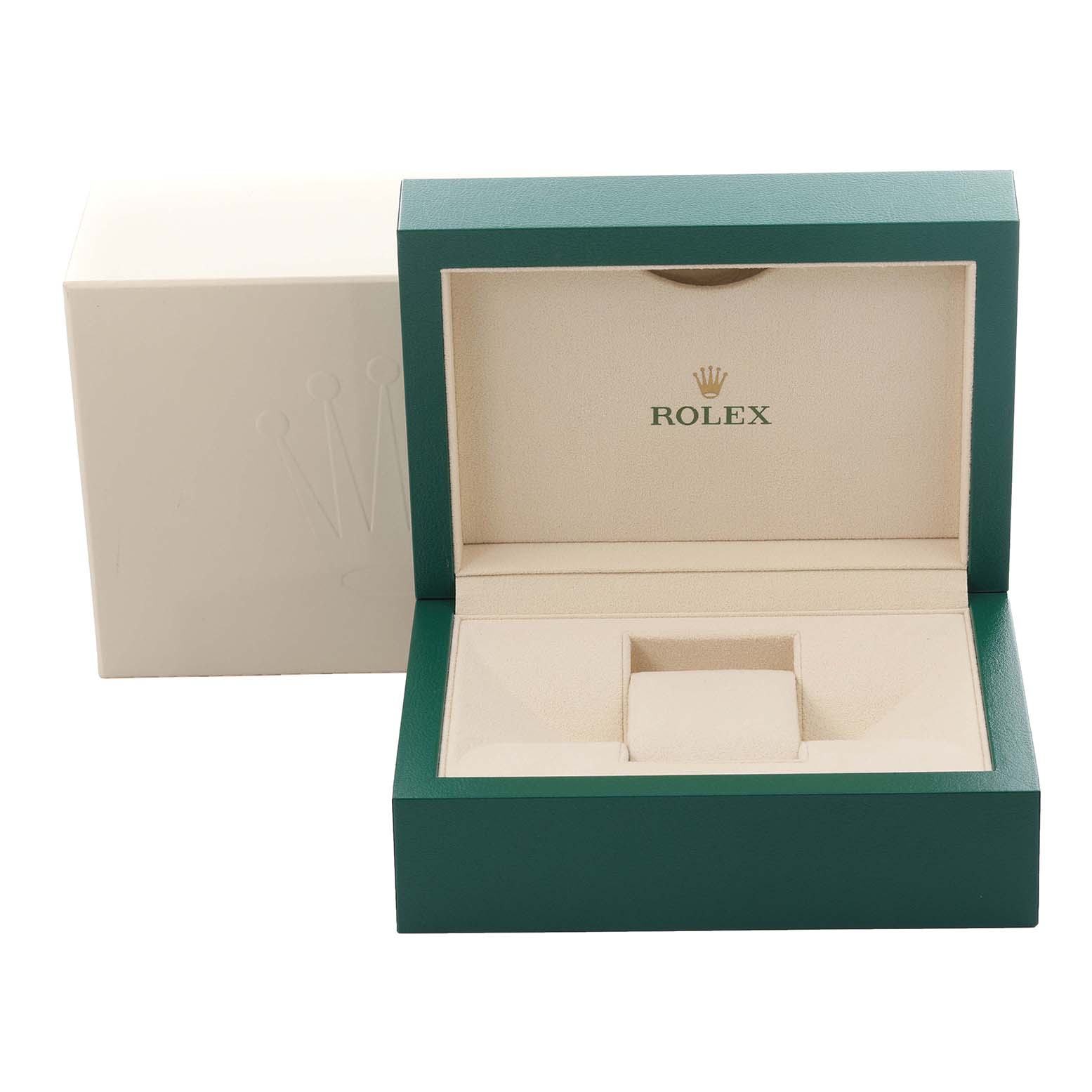 This image shows an open green and beige Rolex watch box, likely for a Daytona model, viewed from the front.