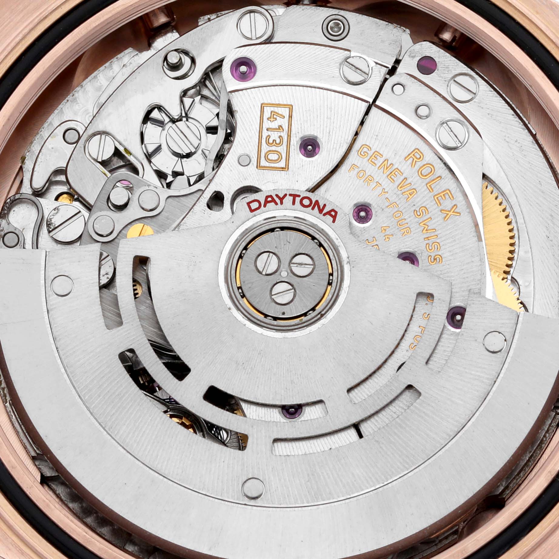 The image shows the movement of a Rolex Daytona 116515LN Men's Rose Gold Brown Dial 116515LN Men's Rose Gold Brown Dial watch, highlighting its intricate mechanical parts from the back.