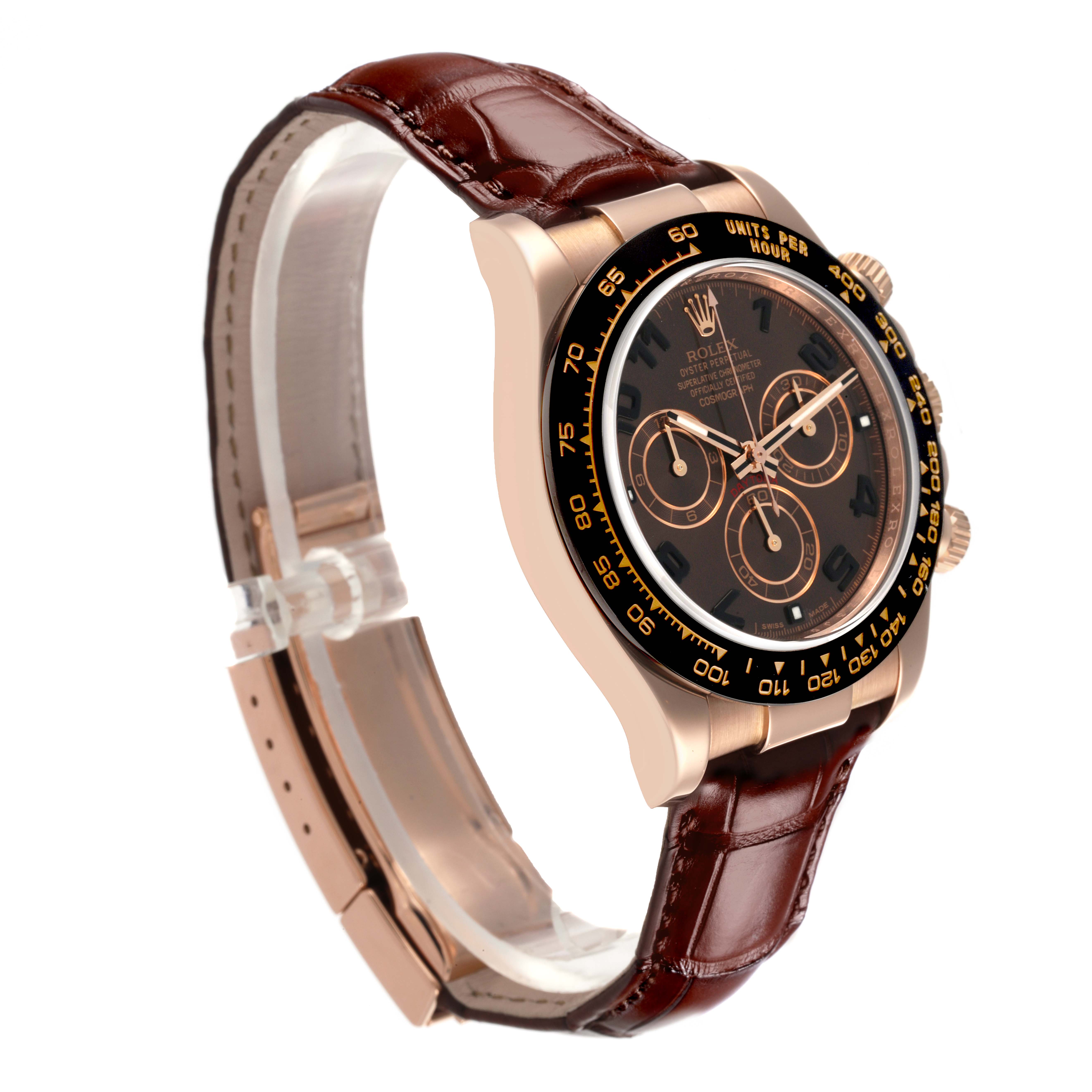 The Rolex Daytona 116515LN Men's Rose Gold Brown Dial 116515LN Men's Rose Gold Brown Dial watch is shown at a three-quarter angle, highlighting the face, bezel, crown, and leather strap.