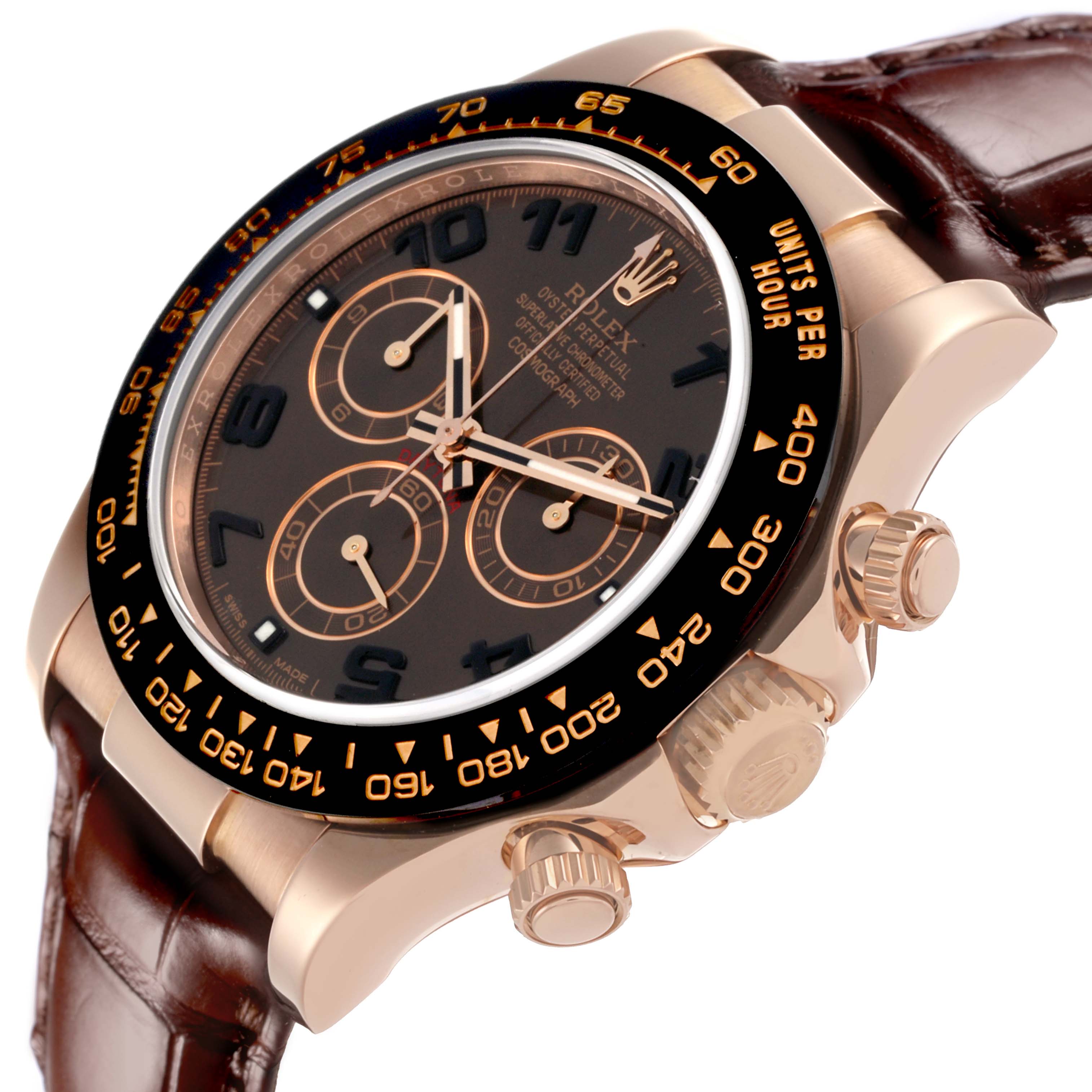The Rolex Daytona 116515LN Men's Rose Gold Brown Dial 116515LN Men's Rose Gold Brown Dial watch is shown at an angle highlighting the dial, bezel, pushers, and strap.