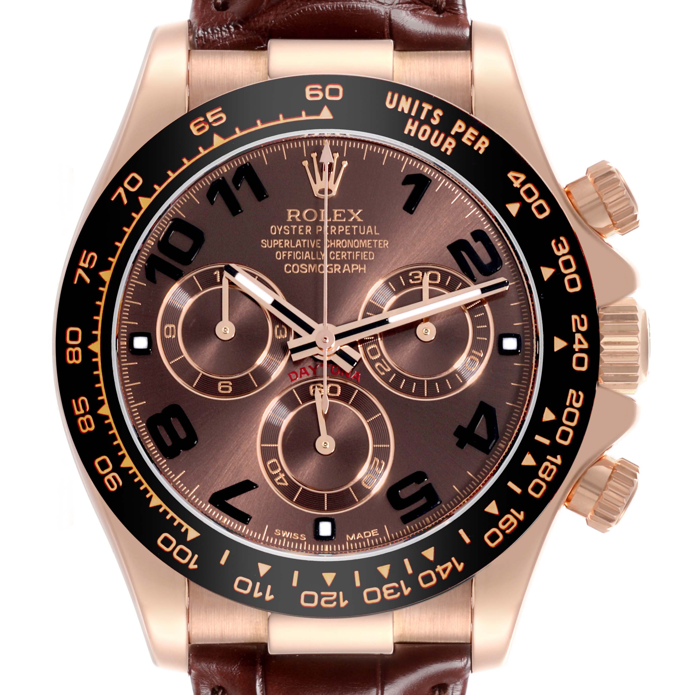 The Rolex Daytona 116515LN Men's Rose Gold Brown Dial 116515LN Men's Rose Gold Brown Dial watch is shown from a front angle, displaying the face, bezel, and partially the lugs and crown.