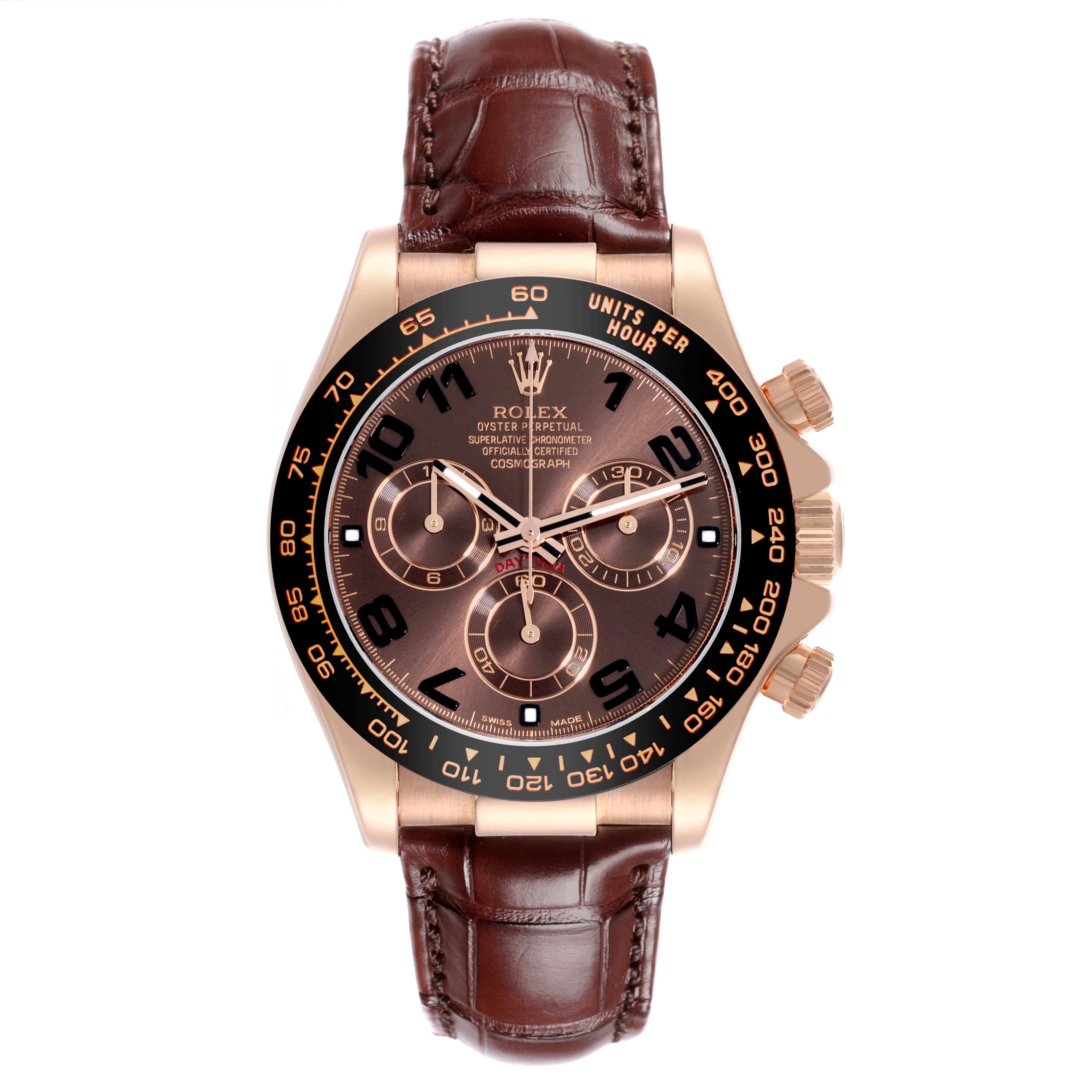 The Rolex Daytona 116515LN Men's Rose Gold Brown Dial 116515LN Men's Rose Gold Brown Dial watch is shown from the front, featuring its bezel, dial, subdials, and leather strap.