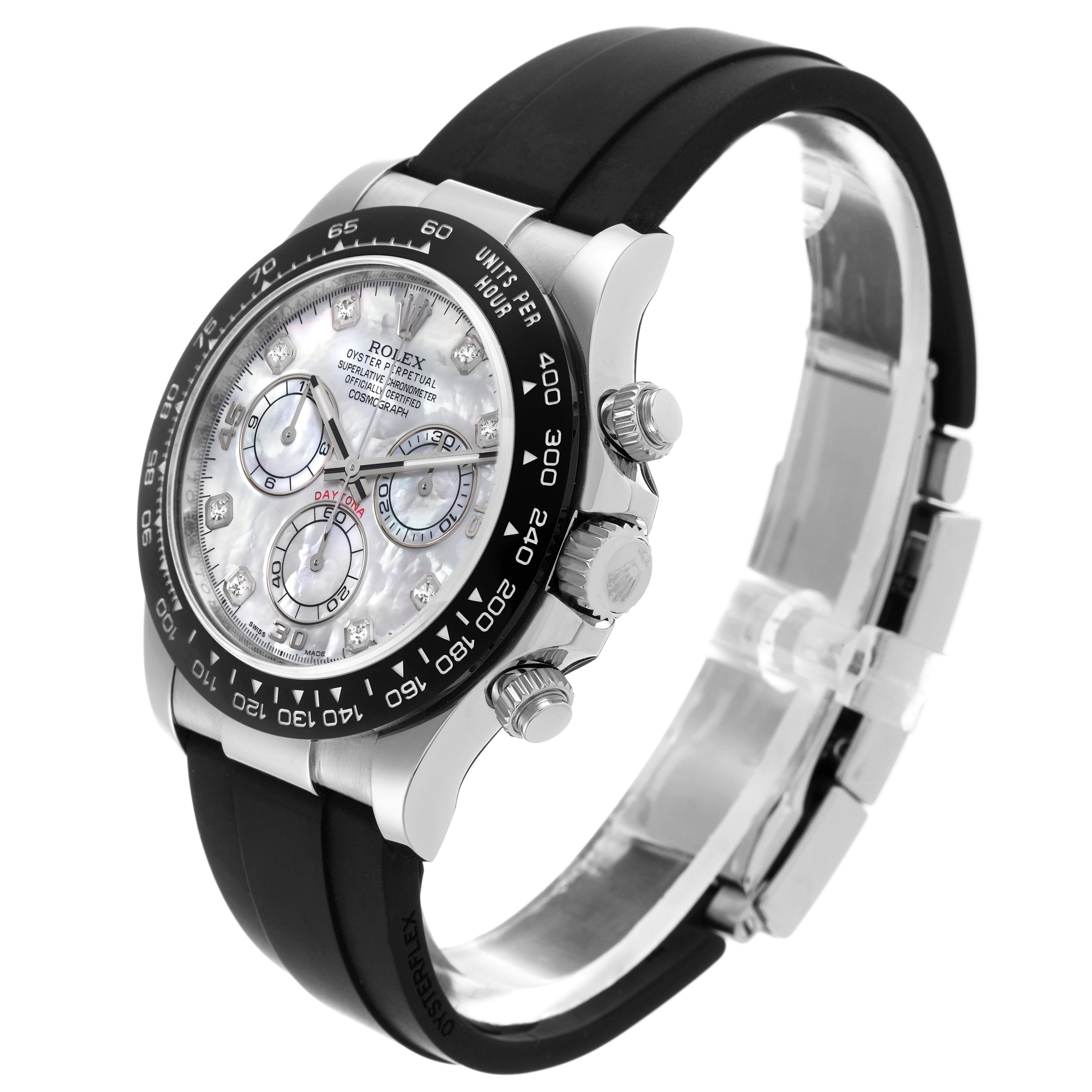 The Rolex Daytona 116519LN Men's White Gold Mother of Pearl Dial 116519LN Men's White Gold Mother of Pearl Dial watch is shown at a side angle, displaying the face, bezel, crown, pushers, and black strap.