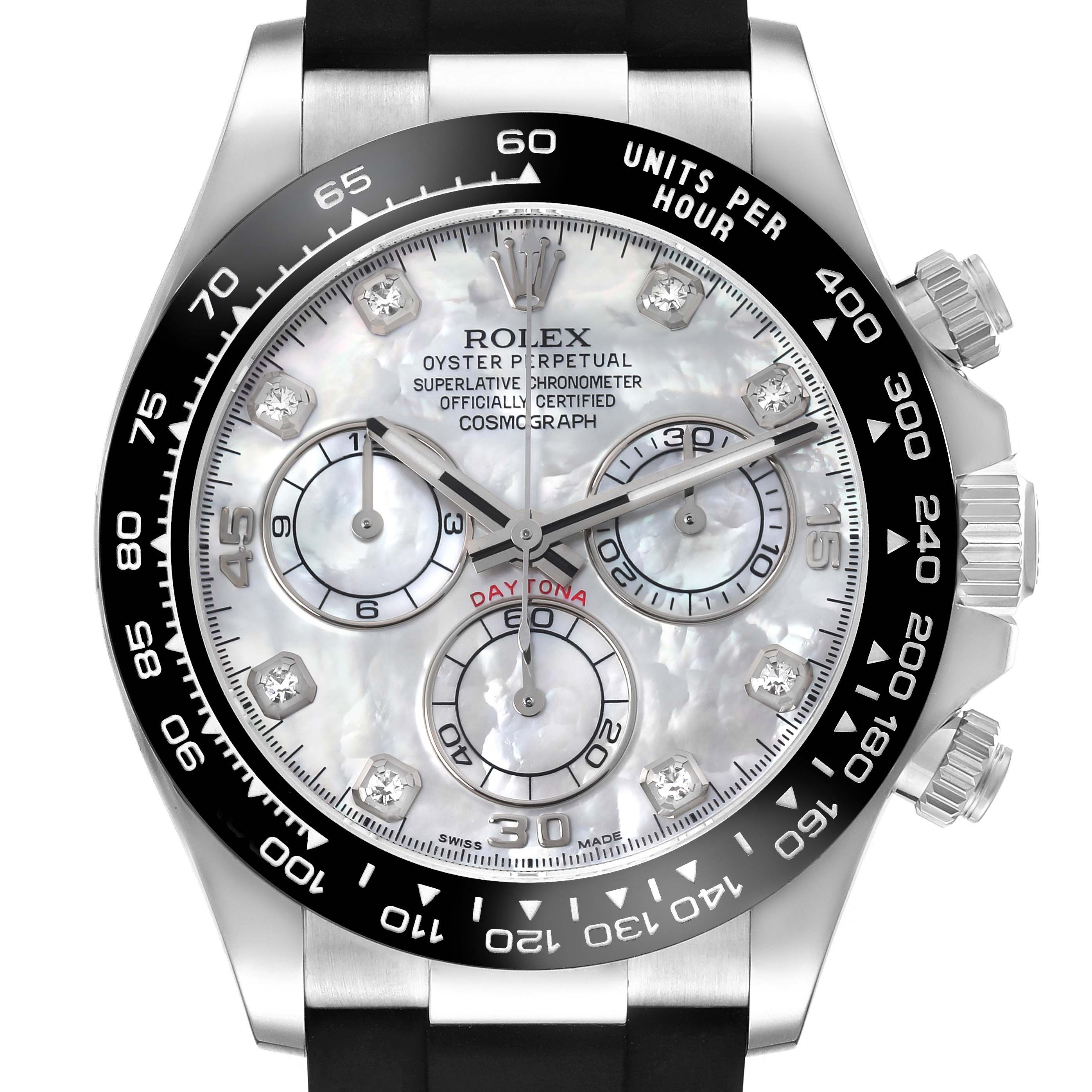 The Rolex Daytona 116519LN Men's White Gold Mother of Pearl Dial 116519LN Men's White Gold Mother of Pearl Dial watch is shown from a front angle, highlighting the dial, bezel, subdials, and crown.