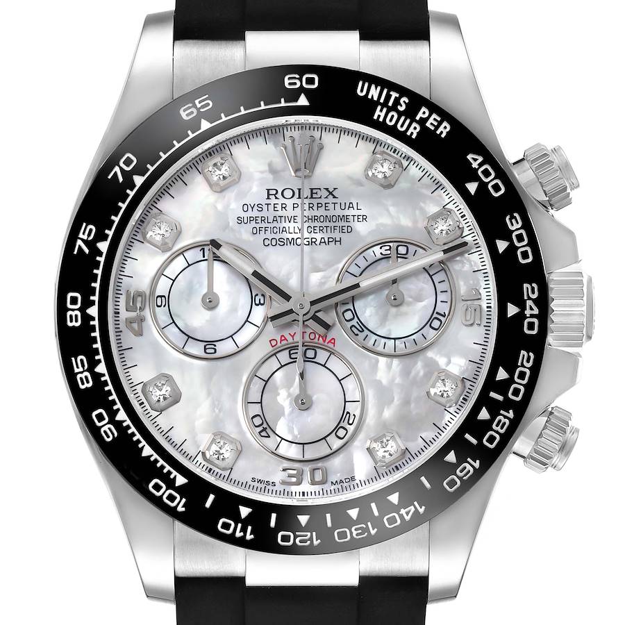 The Rolex Daytona watch is shown from a front angle, highlighting the dial, bezel, subdials, and crown.