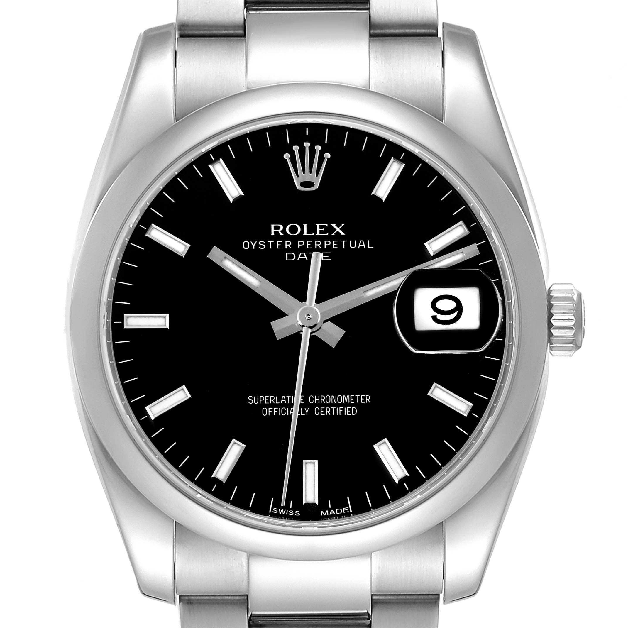 The Rolex Date 115200 Men's Stainless Steel Black Dial 115200 Men's Stainless Steel Black Dial watch is shown from a frontal angle, highlighting its black dial, date window, and stainless steel bracelet.