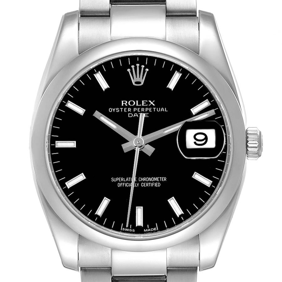 The Rolex Date watch is shown from a frontal angle, highlighting its black dial, date window, and stainless steel bracelet.