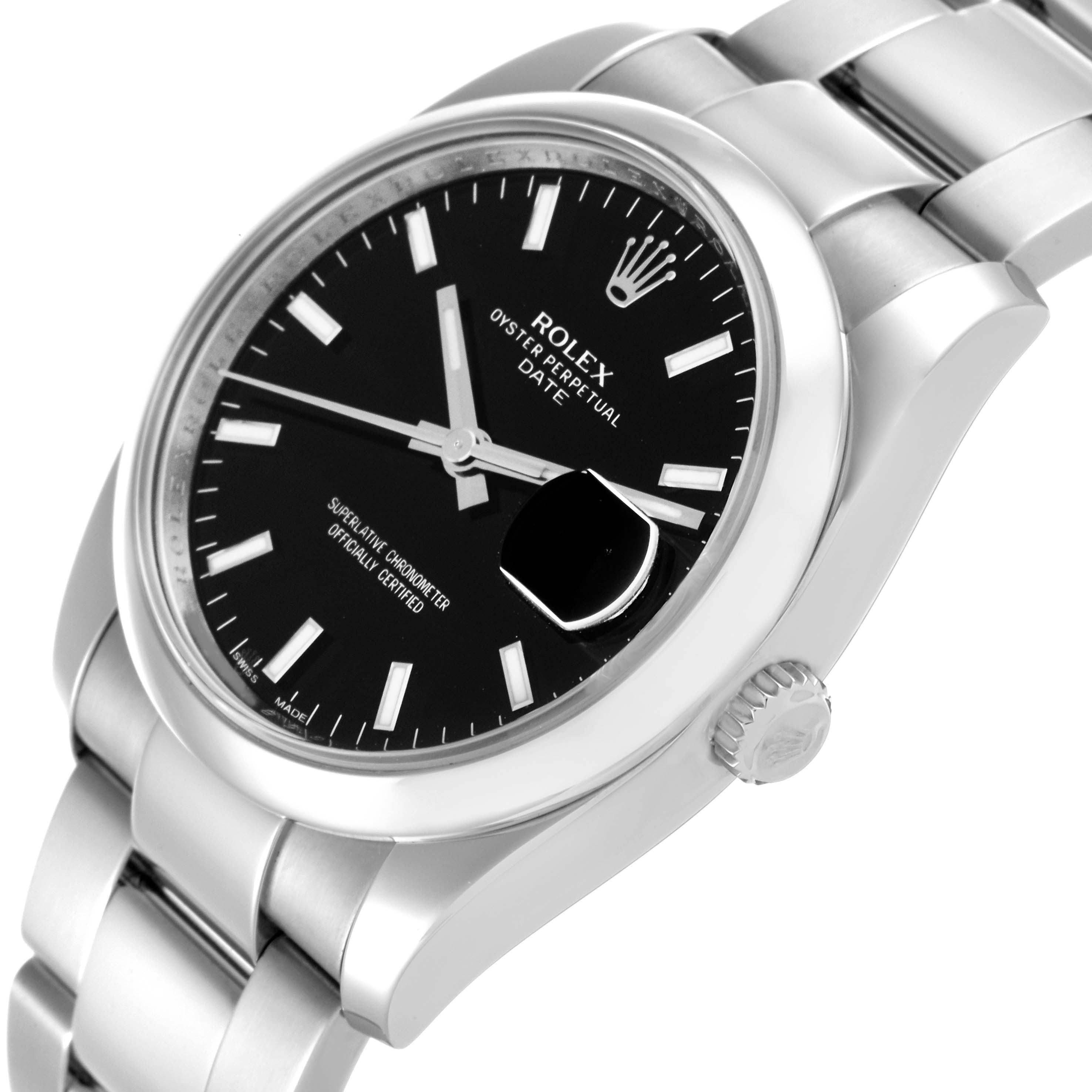 The Rolex Date 115200 Men's Stainless Steel Black Dial 115200 Men's Stainless Steel Black Dial model is shown at a slightly tilted side angle, highlighting the face, bezel, crown, and bracelet.