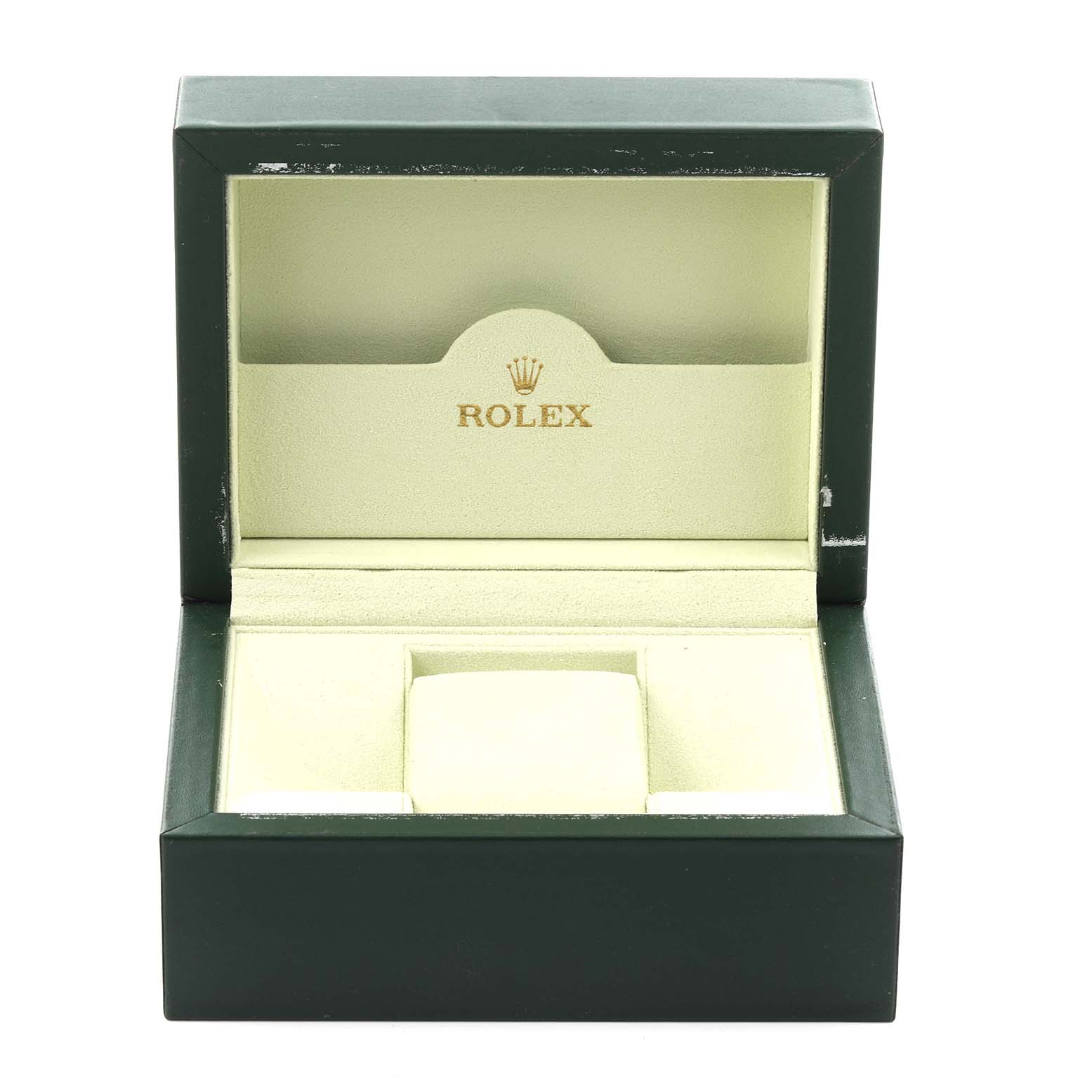 The image shows an open Rolex watch box for the Date model, viewed from the front with interior padding visible.