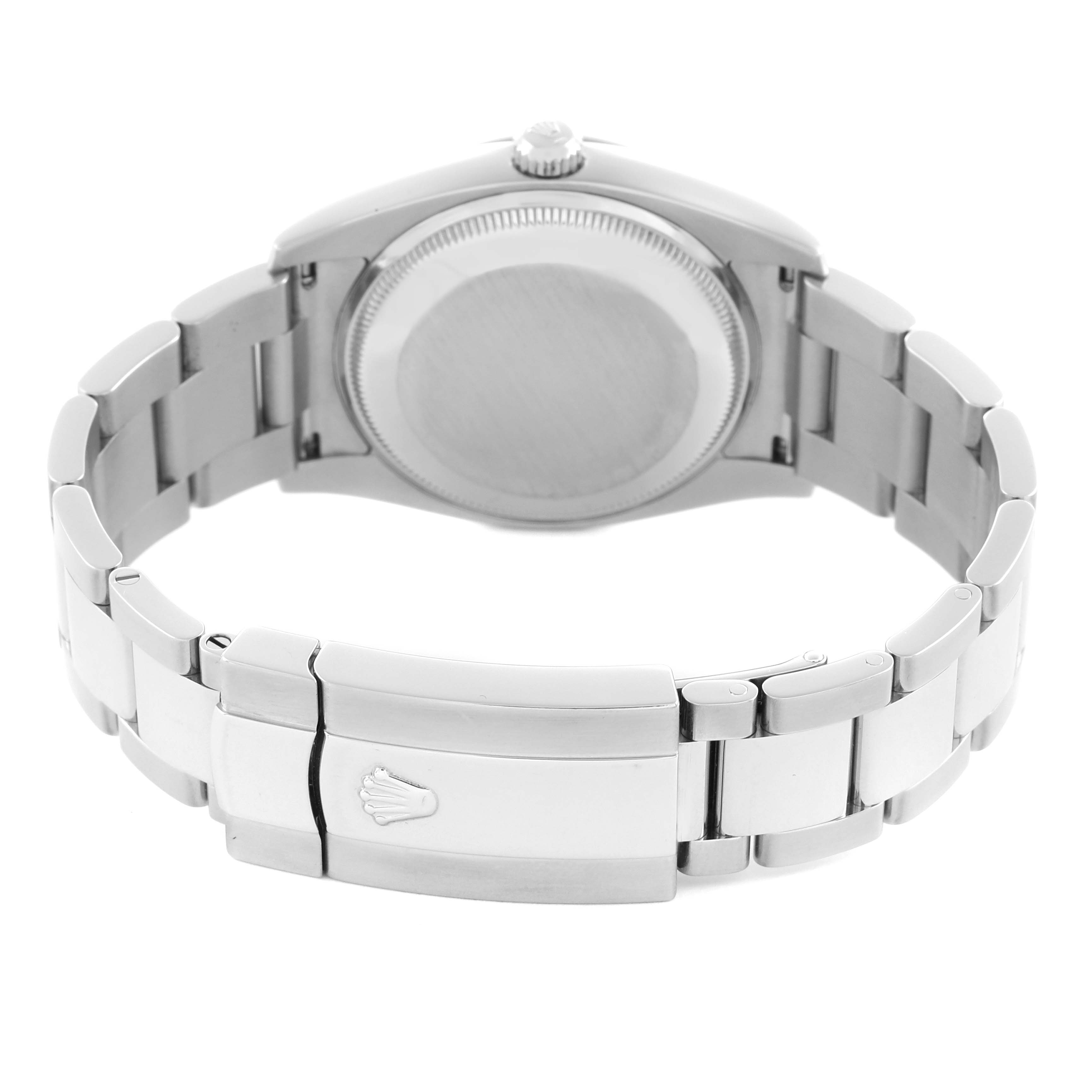 The image shows the back view of a Rolex Date 115200 Men's Stainless Steel Black Dial 115200 Men's Stainless Steel Black Dial model watch, highlighting the case back and bracelet clasp.