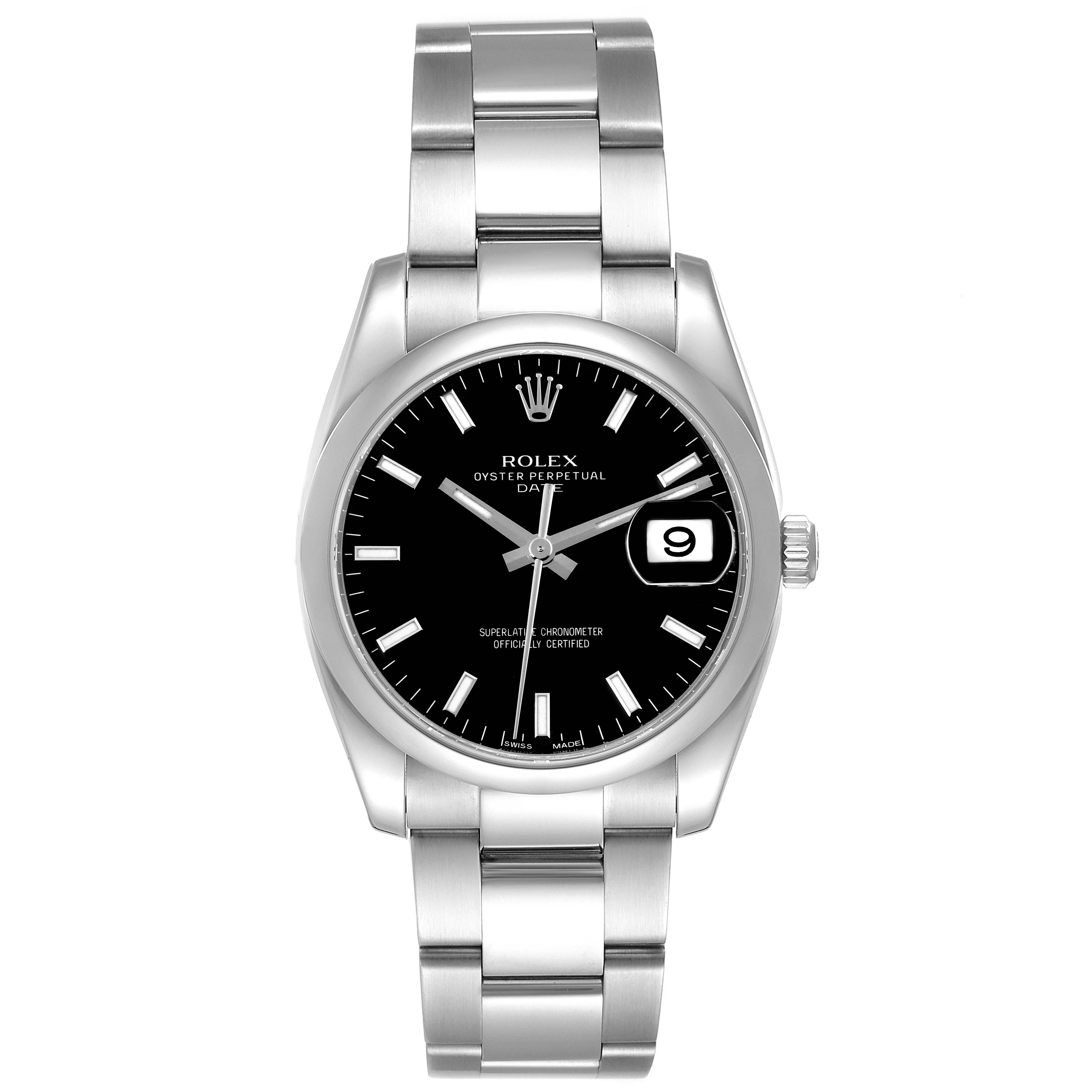The image shows a front view of the Rolex Date 115200 Men's Stainless Steel Black Dial 115200 Men's Stainless Steel Black Dial model, displaying the face, bezel, case, and bracelet.