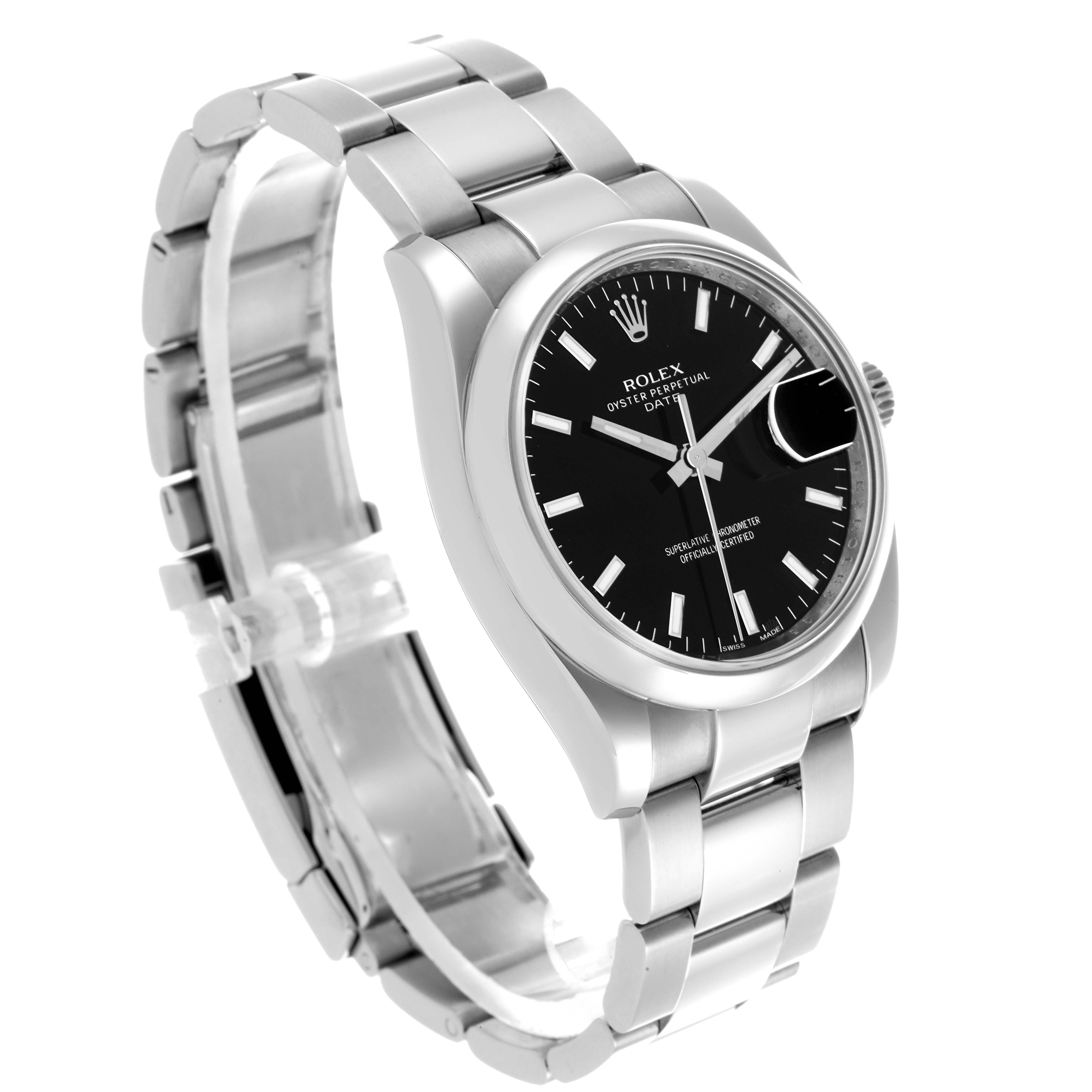 The Rolex Date 115200 Men's Stainless Steel Black Dial 115200 Men's Stainless Steel Black Dial watch is shown at an angled front view, displaying the dial, bezel, bracelet, and partially visible clasp.