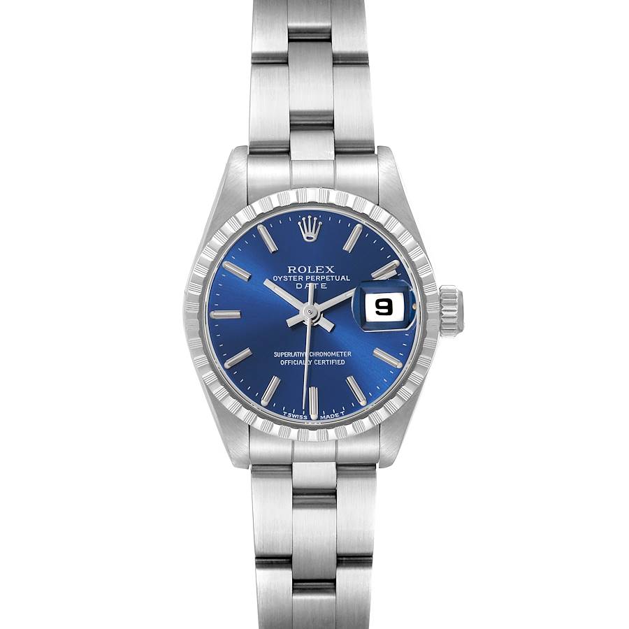 The Rolex Date watch is shown from a front angle, displaying the dial, bezel, and part of the bracelet.