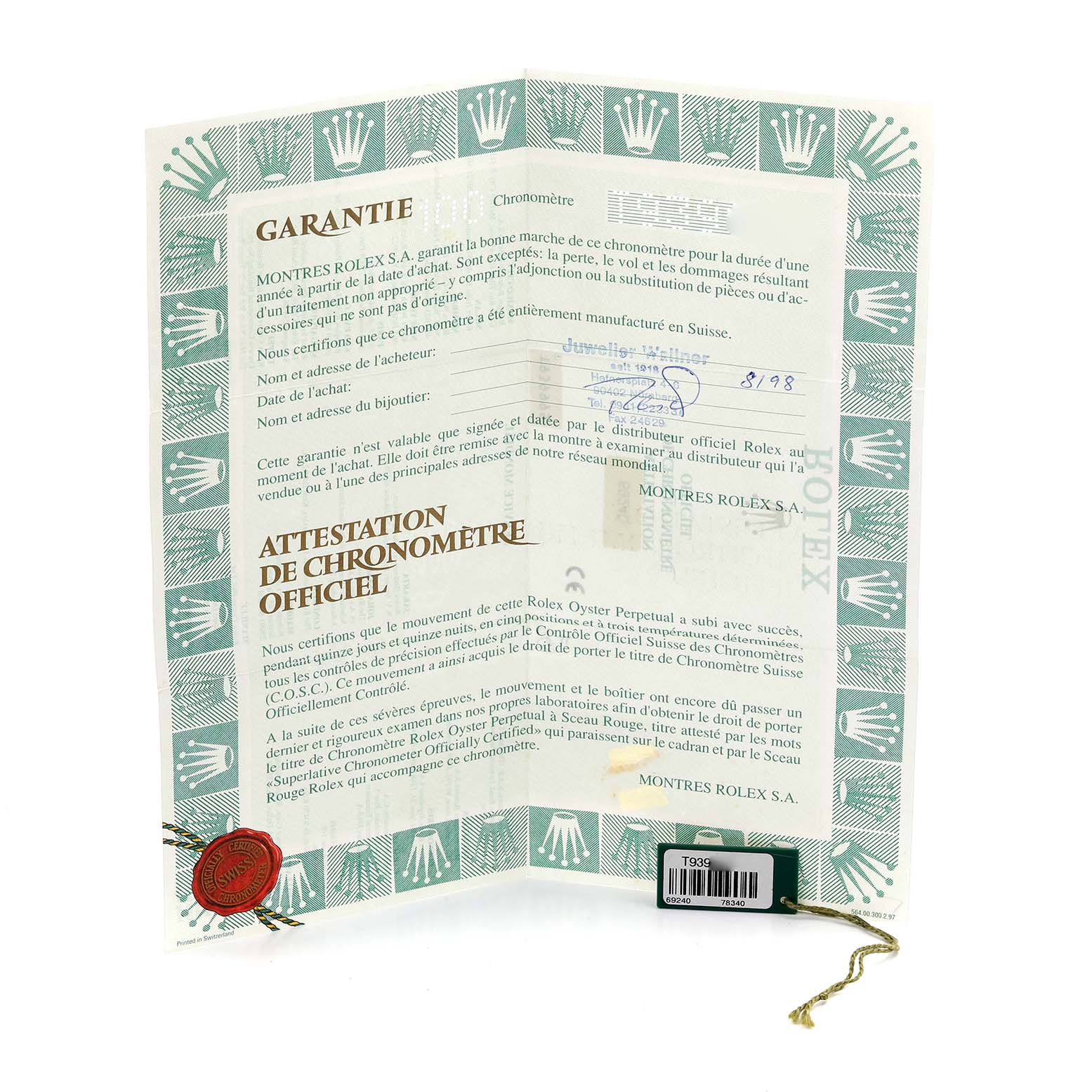 The image shows the warranty and certification papers for a Rolex Date 69240 Women's Stainless Steel Blue Dial 69240 Women's Stainless Steel Blue Dial model.