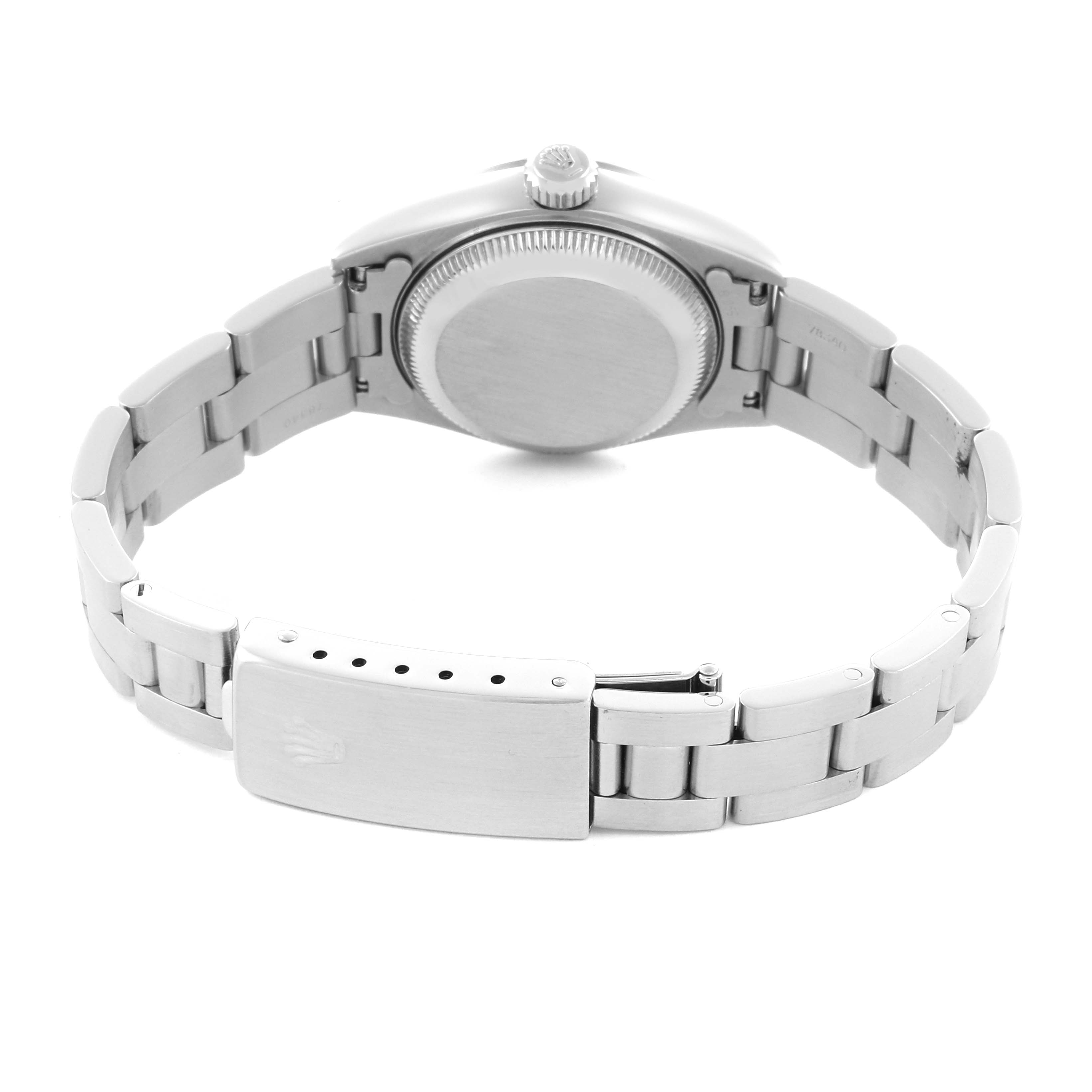 The image shows the back case and bracelet clasp of a Rolex Date 69240 Women's Stainless Steel Blue Dial 69240 Women's Stainless Steel Blue Dial watch from a rear angle.