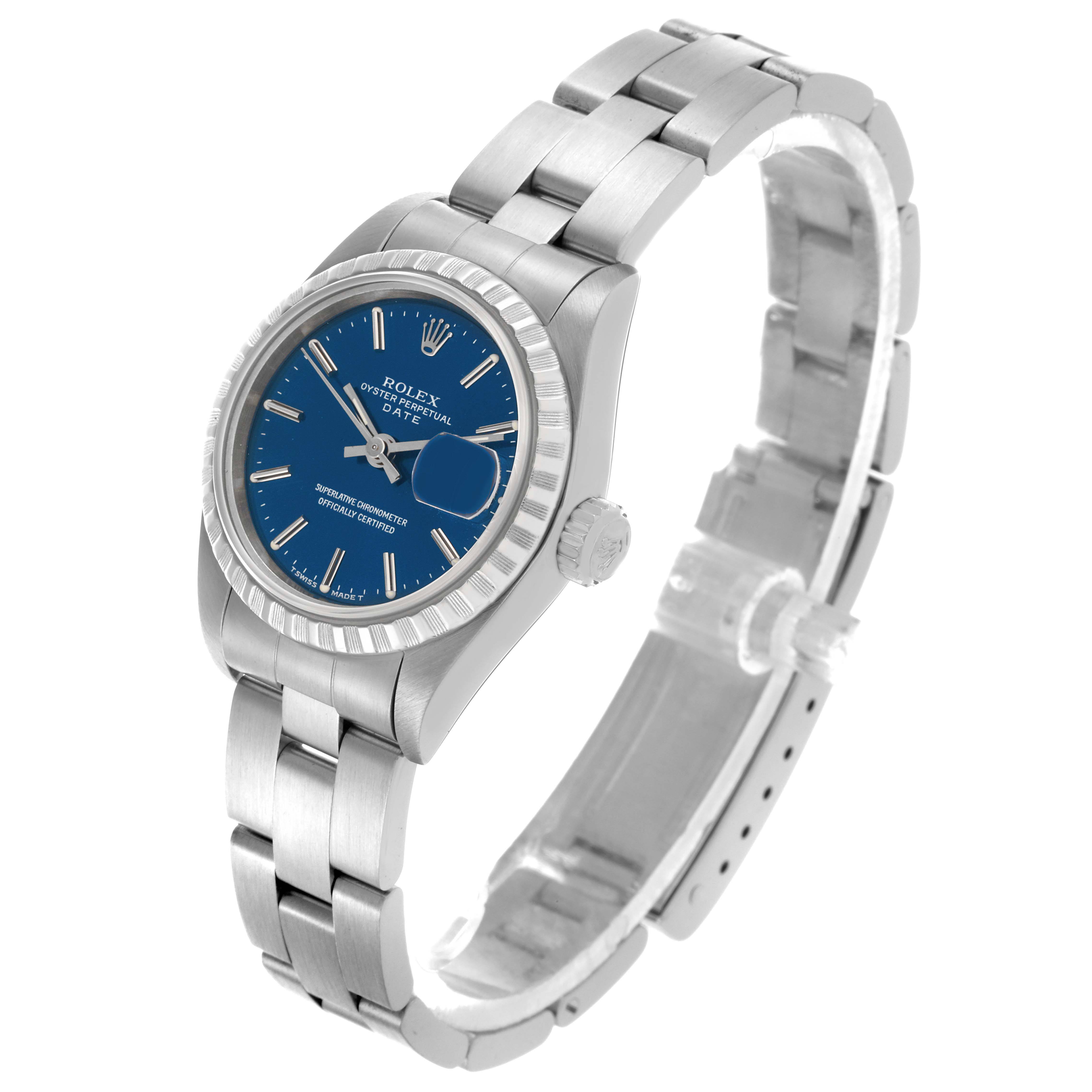 The Rolex Date 69240 Women's Stainless Steel Blue Dial 69240 Women's Stainless Steel Blue Dial watch is shown at an angled view, highlighting the face, bezel, case, and bracelet.