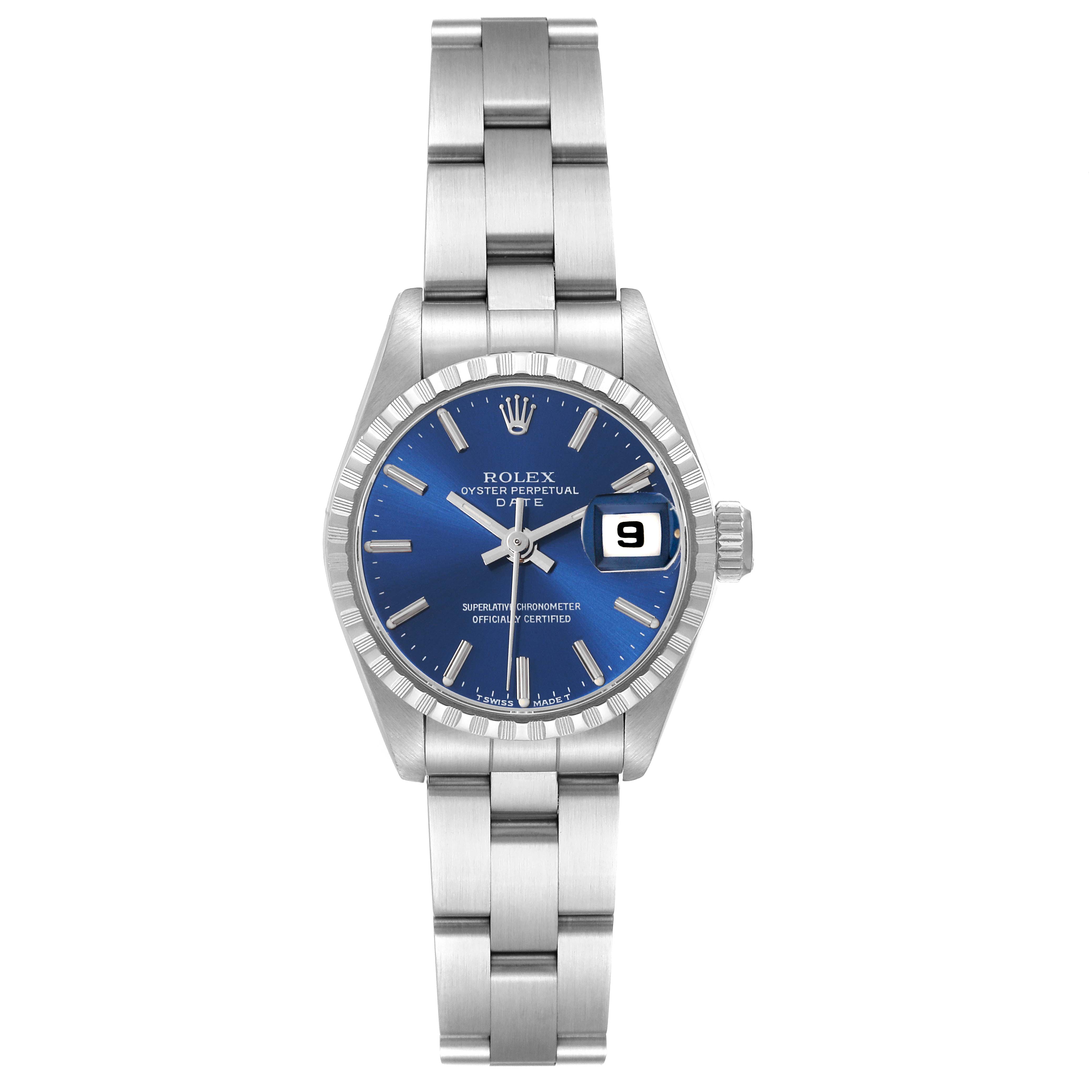 The Rolex Date 69240 Women's Stainless Steel Blue Dial 69240 Women's Stainless Steel Blue Dial model watch is shown from the front, displaying its blue dial, date window, and stainless steel bracelet.