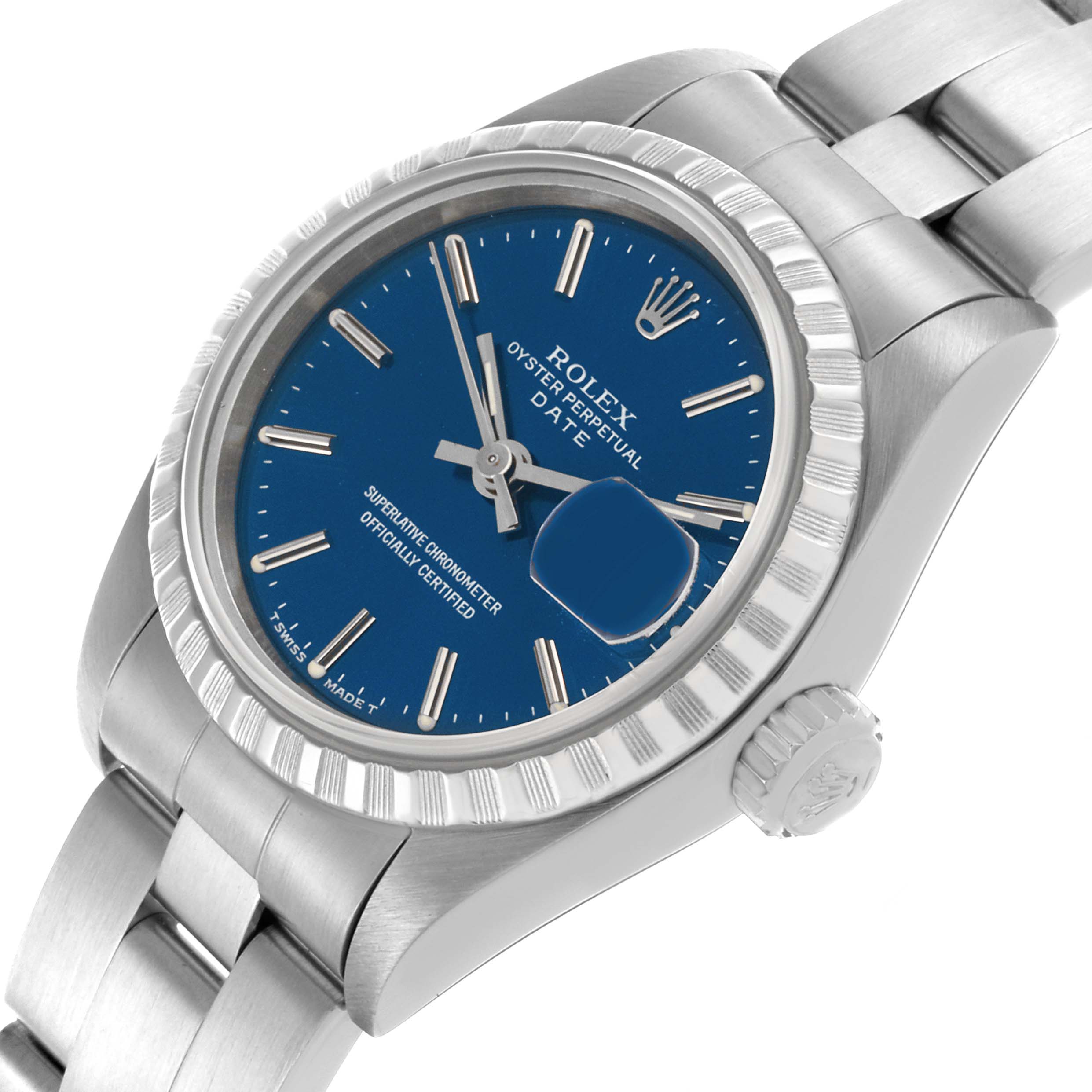 The Rolex Date 69240 Women's Stainless Steel Blue Dial 69240 Women's Stainless Steel Blue Dial watch is shown from a three-quarter angle, highlighting the face, bezel, crown, and part of the bracelet.
