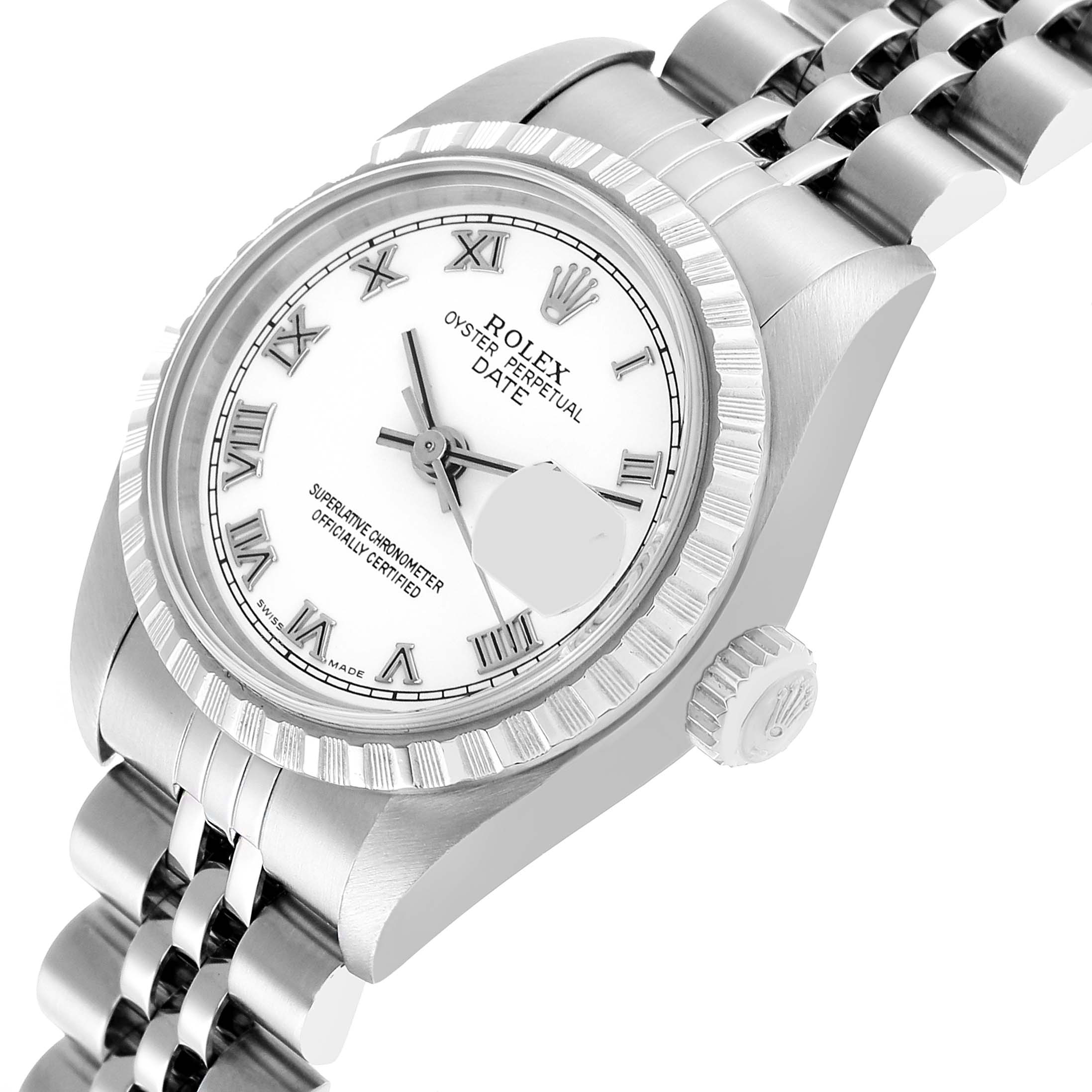 The Rolex Date 79240 Women's Stainless Steel White Dial model is shown at an angled view, displaying its dial, fluted bezel, crown, and part of the bracelet.