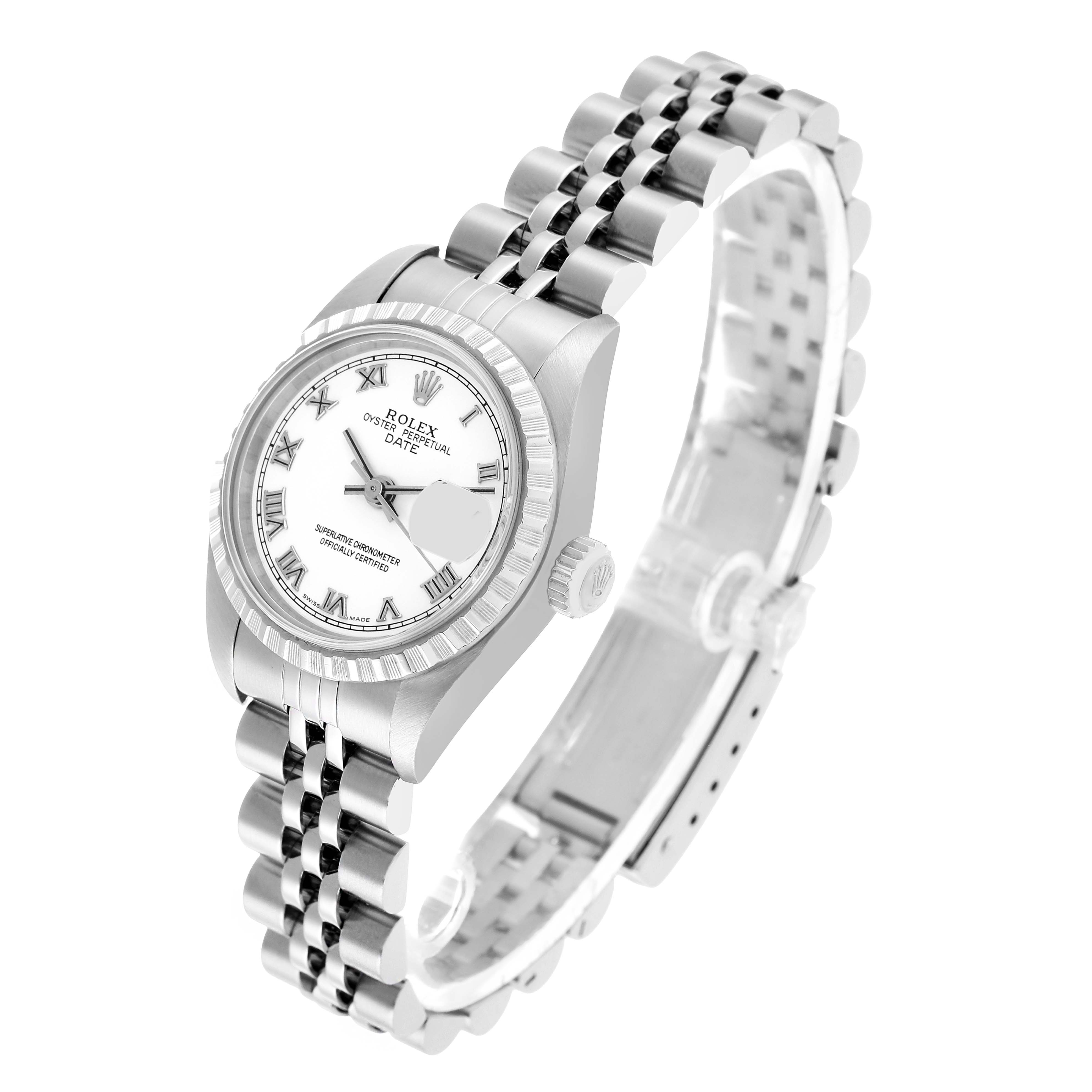 The Rolex Date 79240 Women's Stainless Steel White Dial watch is shown from an angled top view, displaying the face, bezel, crown, and bracelet.