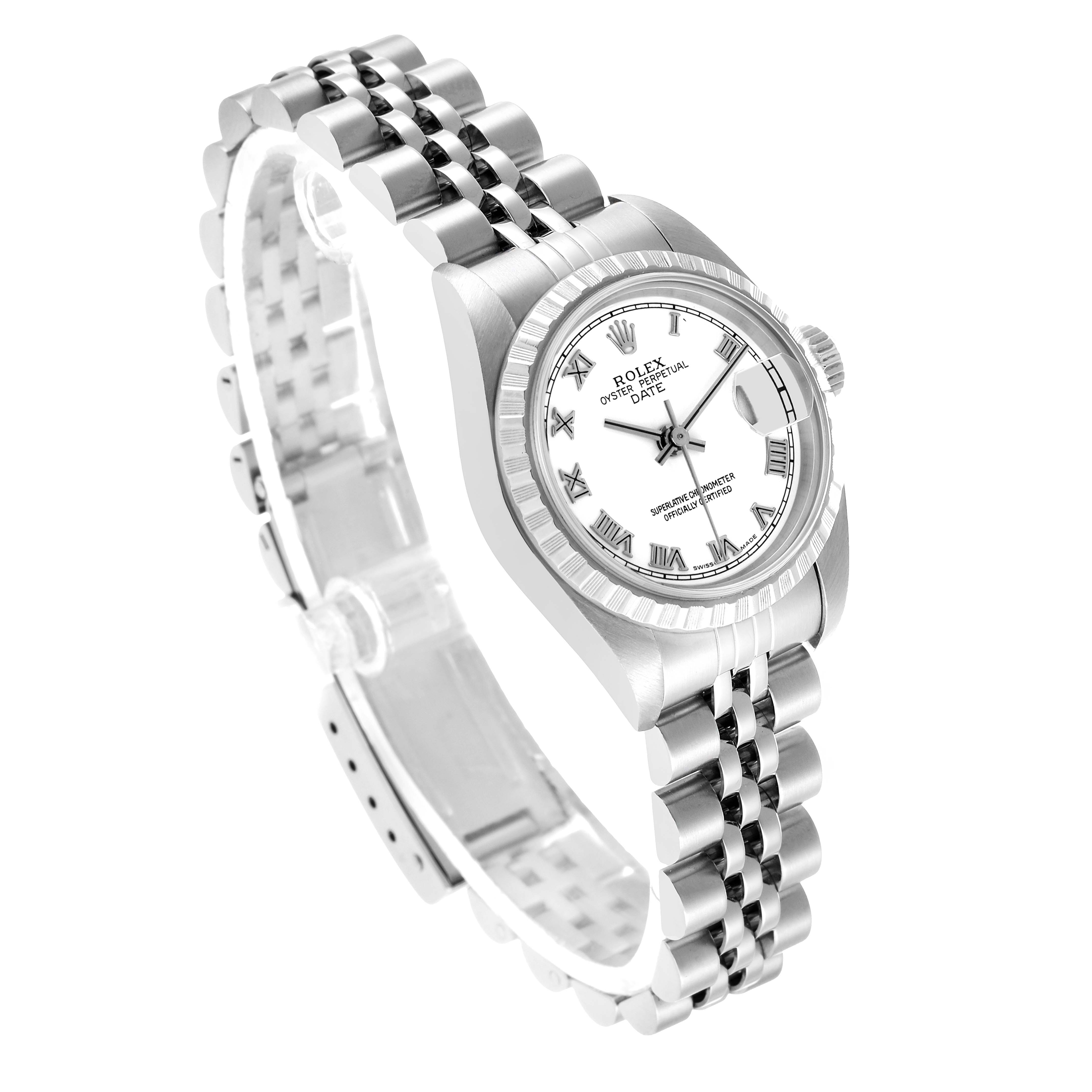 The Rolex Date 79240 Women's Stainless Steel White Dial model is shown at an angled top view, displaying the watch face, bezel, crown, and bracelet.