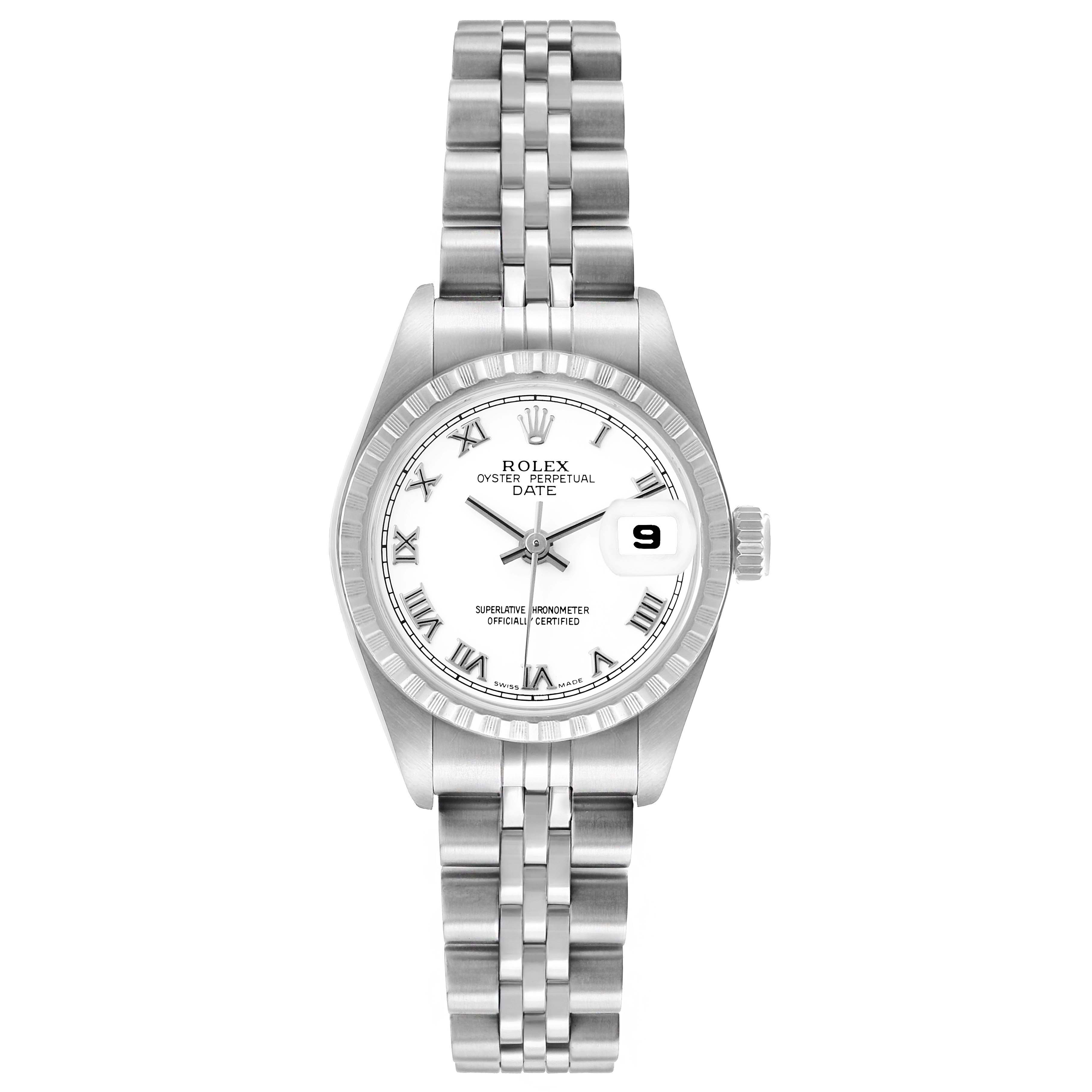 The Rolex Date 79240 Women's Stainless Steel White Dial watch is shown from a top-down angle, displaying the face, bezel, bracelet, and crown.