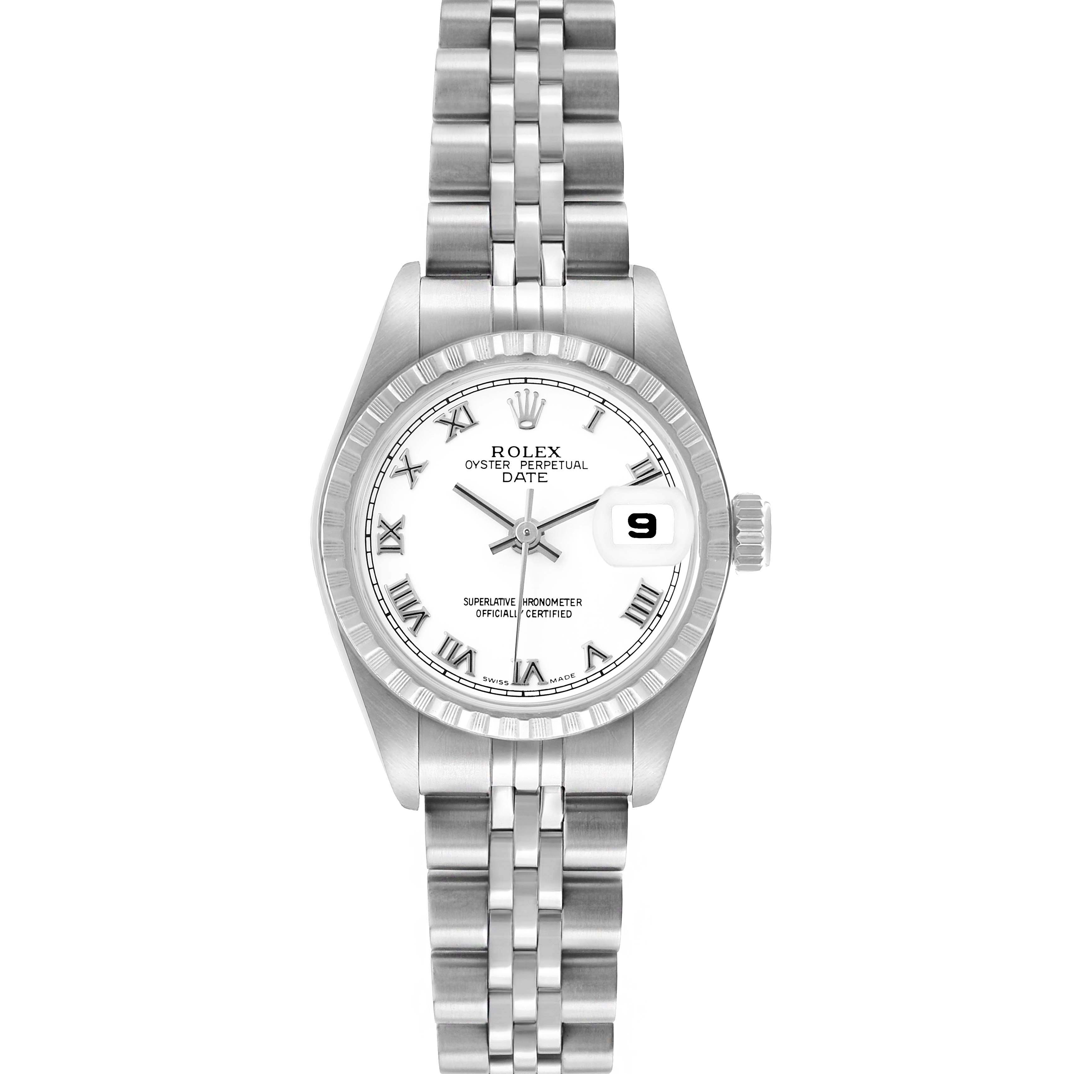 The Rolex Date 79240 Women's Stainless Steel White Dial watch is shown from a frontal angle, displaying the dial, bezel, and bracelet.