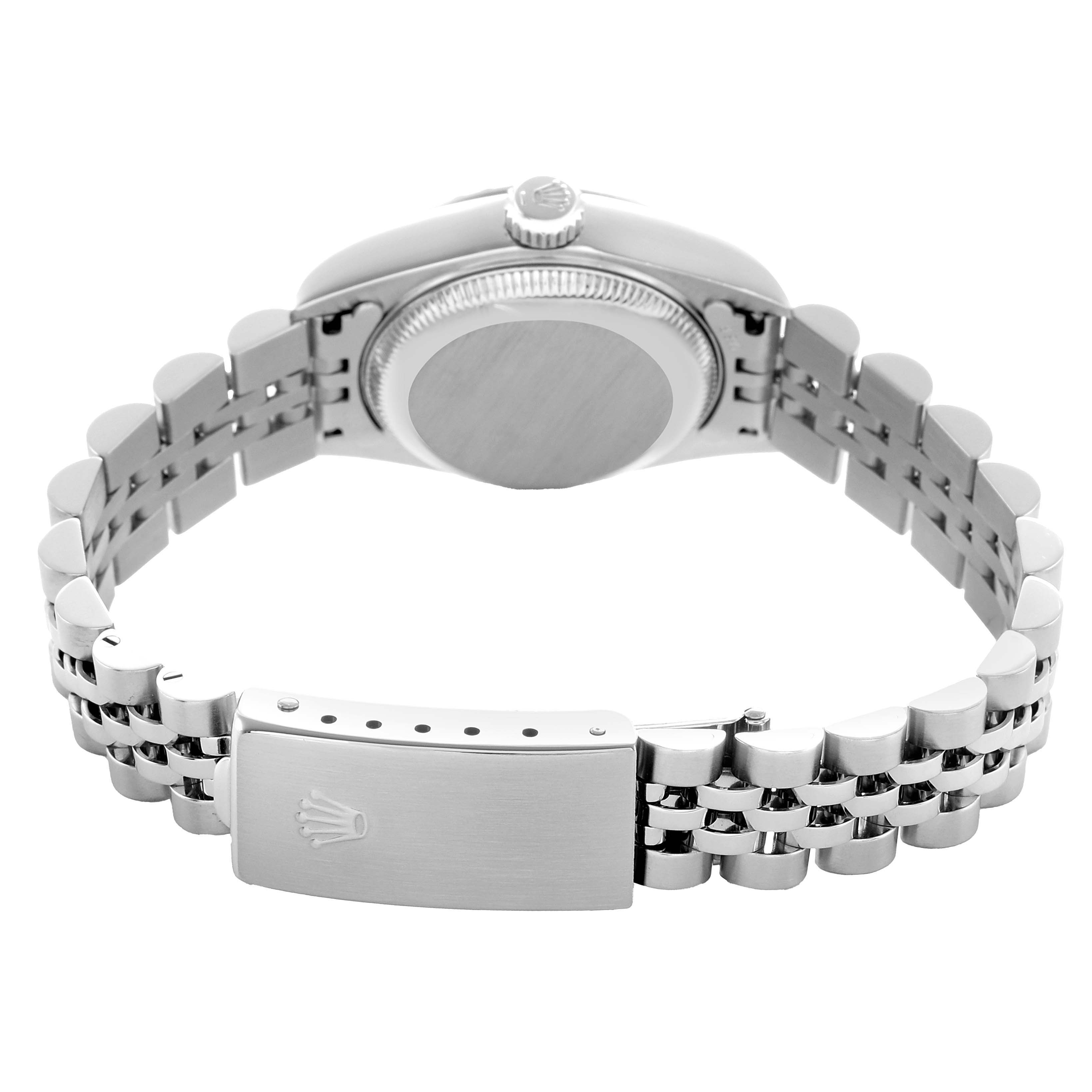 The image shows the back of a Rolex Date 79240 Women's Stainless Steel White Dial watch, focusing on the bracelet and clasp.