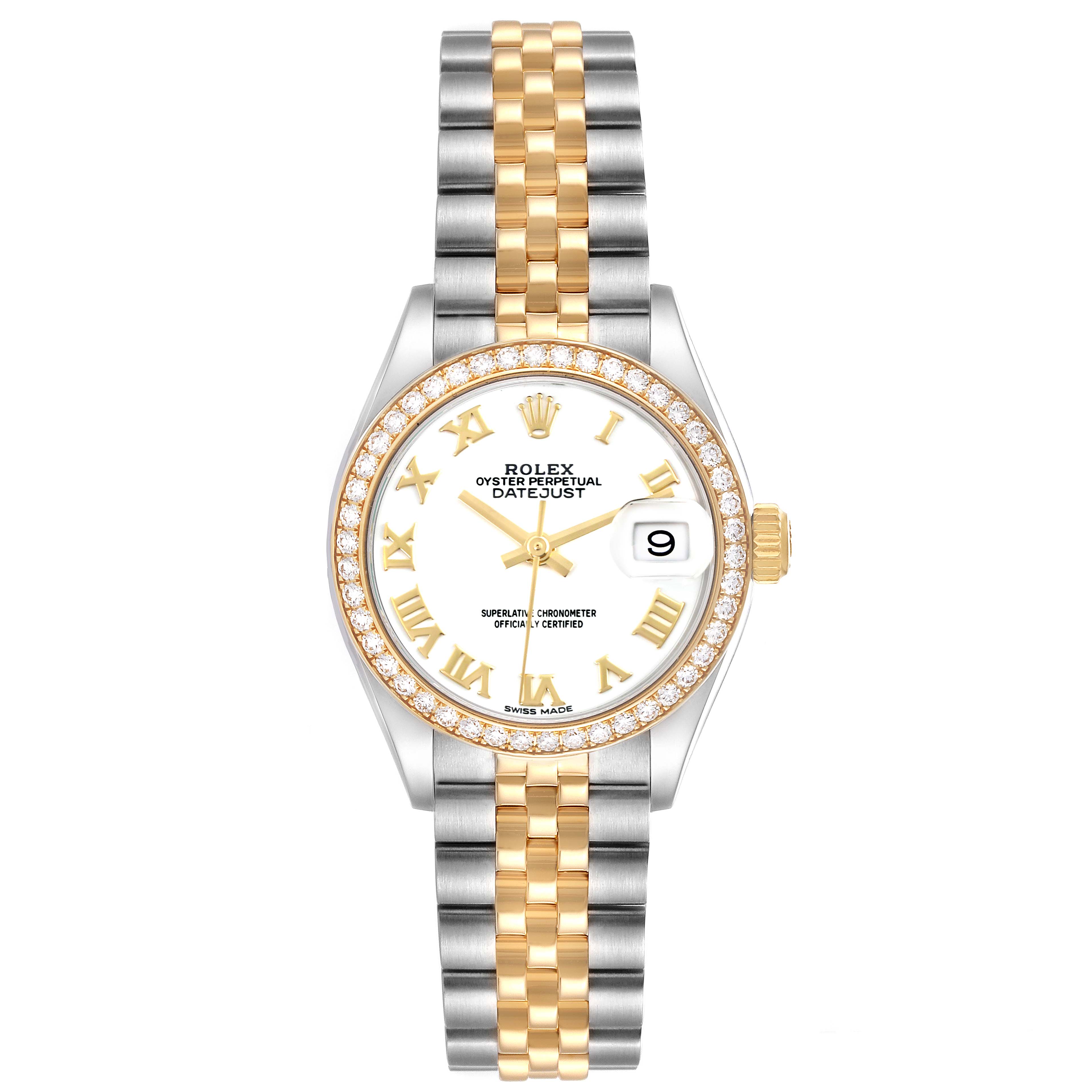 The Rolex Datejust 279383RBR Women's Steel and Gold (two tone) White Dial 279383RBR Women's Steel and Gold (two tone) White Dial watch is shown from the front, displaying its face, bezel, and bracelet.