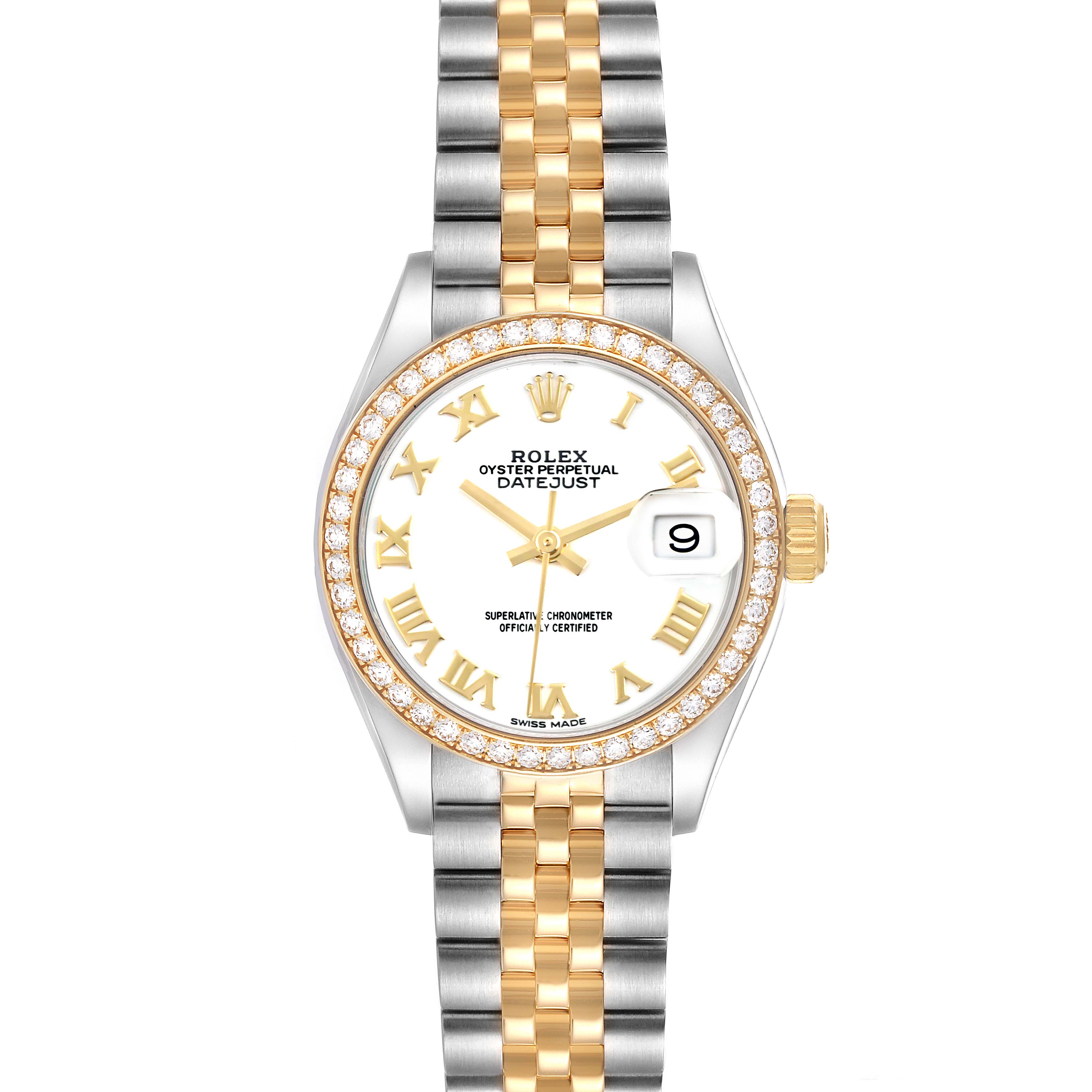 The Rolex Datejust 279383RBR Women's Steel and Gold (two tone) White Dial 279383RBR Women's Steel and Gold (two tone) White Dial watch is shown from a top view, highlighting the bezel, dial, hands, bracelet, and date window.