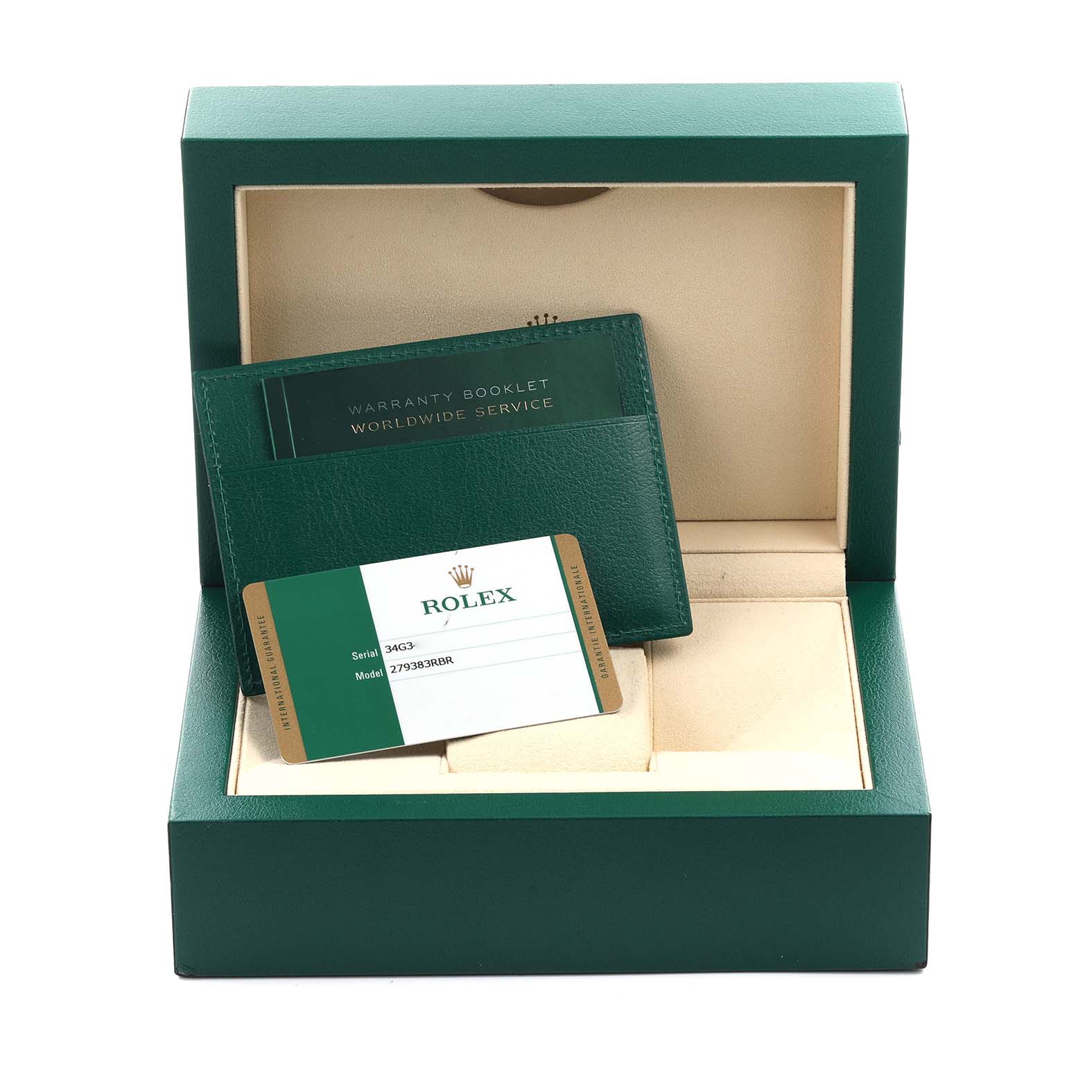 The image shows a Rolex Datejust 279383RBR Women's Steel and Gold (two tone) White Dial 279383RBR Women's Steel and Gold (two tone) White Dial box with a warranty booklet and card displayed inside.