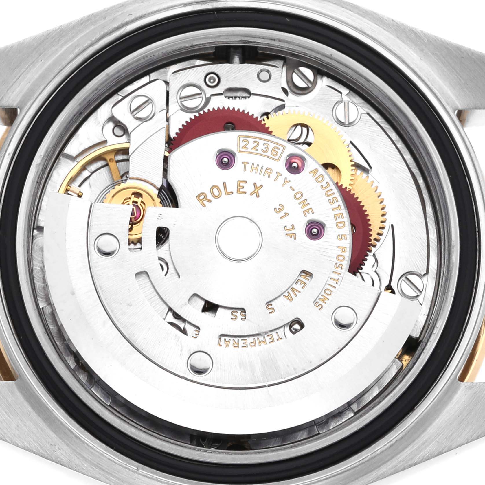 The image shows the movement mechanism of a Rolex Datejust 279383RBR Women's Steel and Gold (two tone) White Dial 279383RBR Women's Steel and Gold (two tone) White Dial, displaying gears and internal components from the back.