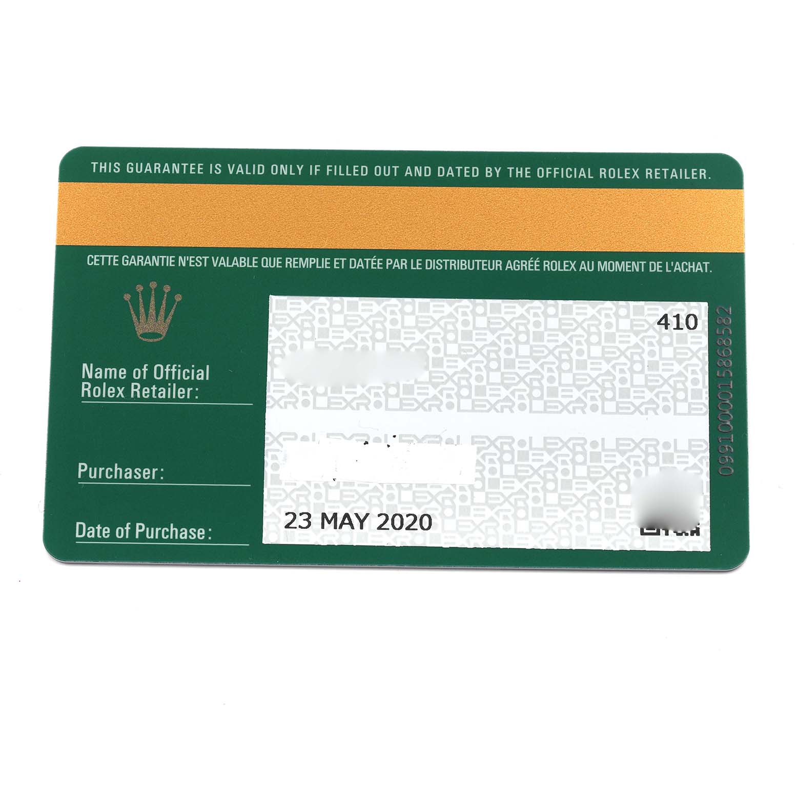 This image shows a warranty card for a Rolex Datejust 279383RBR Women's Steel and Gold (two tone) White Dial 279383RBR Women's Steel and Gold (two tone) White Dial, displaying purchase details.