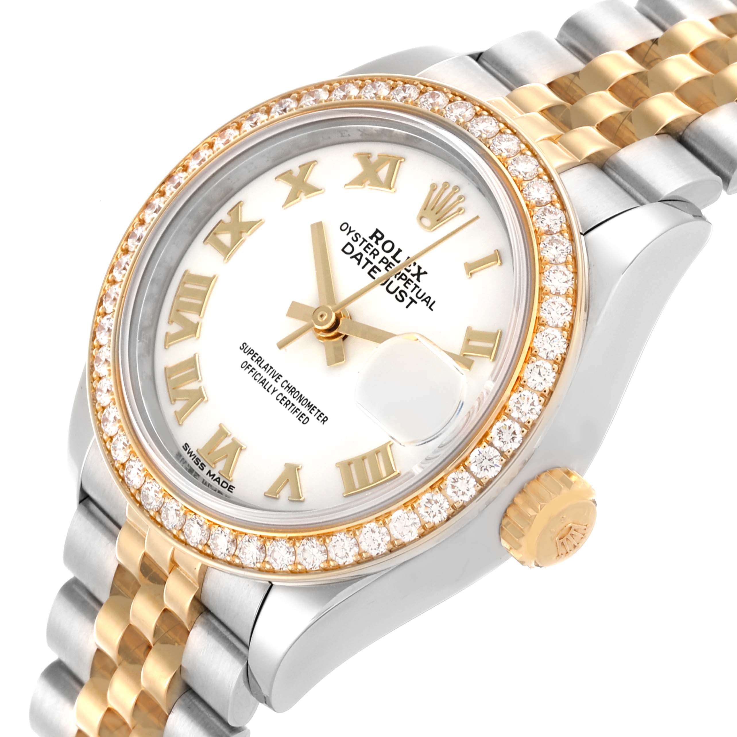 The Rolex Datejust 279383RBR Women's Steel and Gold (two tone) White Dial 279383RBR Women's Steel and Gold (two tone) White Dial watch is shown at a slight angle, featuring its face, bezel, crown, and part of the bracelet.