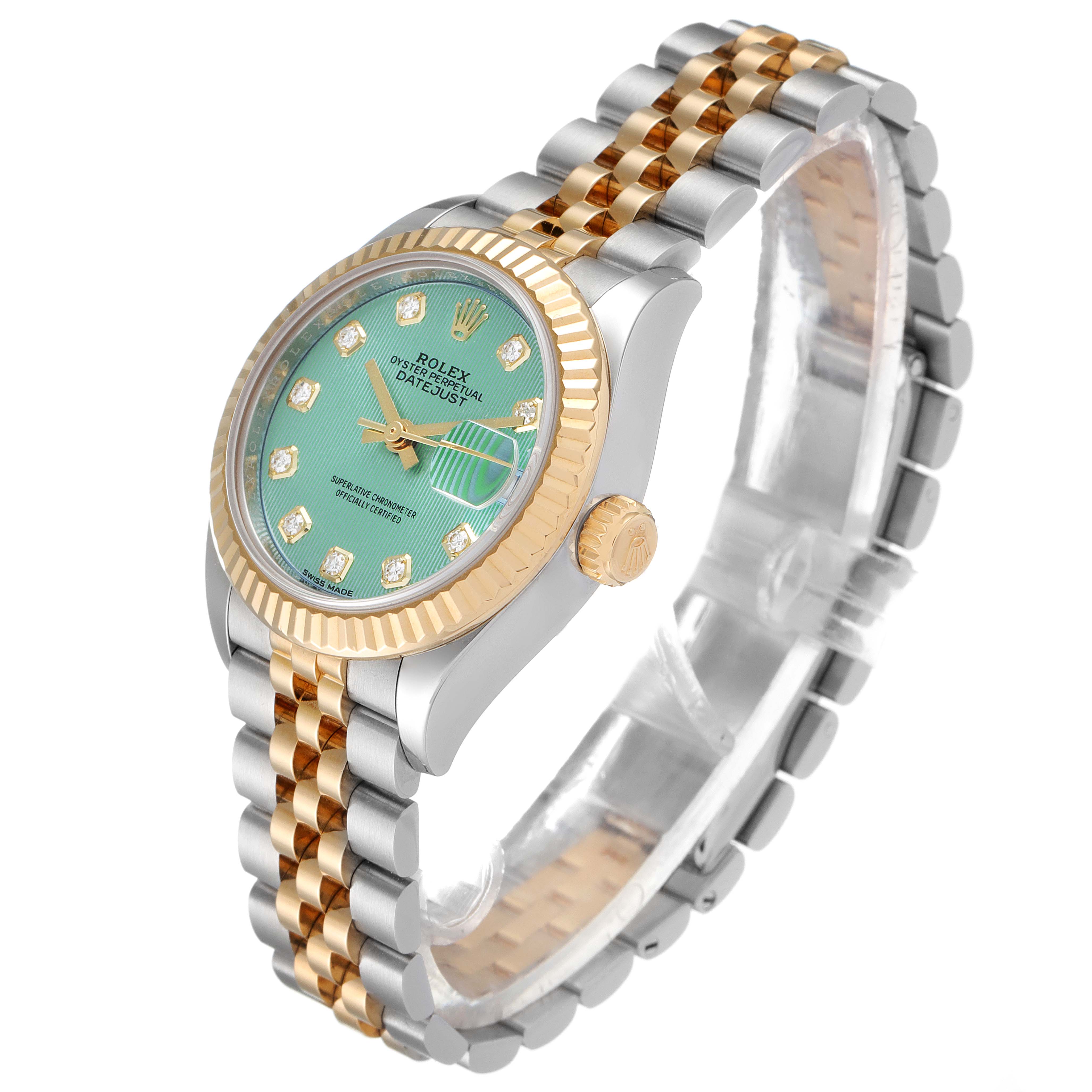 The Rolex Datejust 279173 Women
s Steel and Gold (two tone) Green Dial 279173 Women
s Steel and Gold (two tone) Green Dial watch is shown at a three-quarter angle, highlighting its dial, bezel, crown, and two-tone bracelet.
