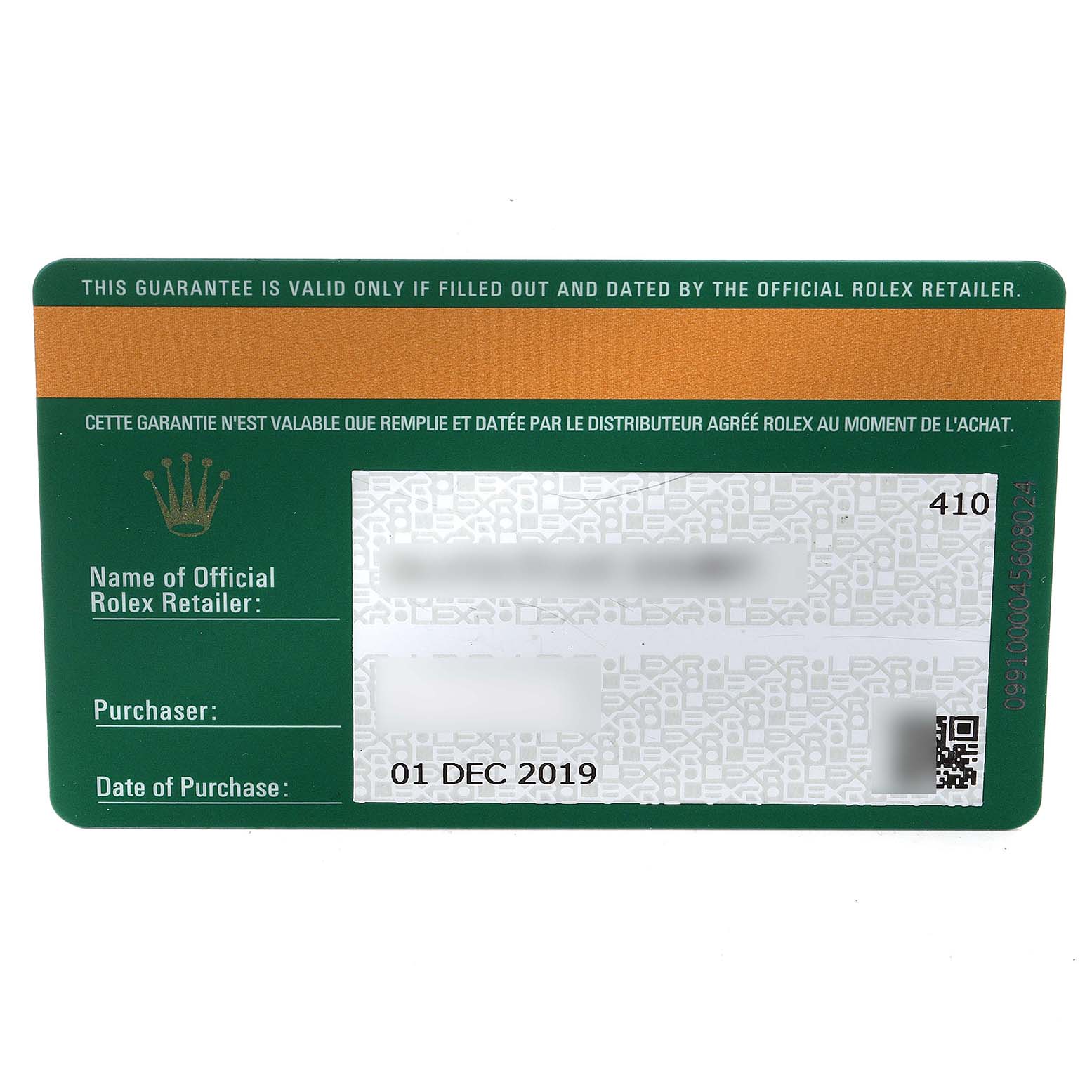 The image shows the guarantee card of a Rolex Datejust 279173 Women
s Steel and Gold (two tone) Green Dial 279173 Women
s Steel and Gold (two tone) Green Dial watch, including purchase and retailer details.