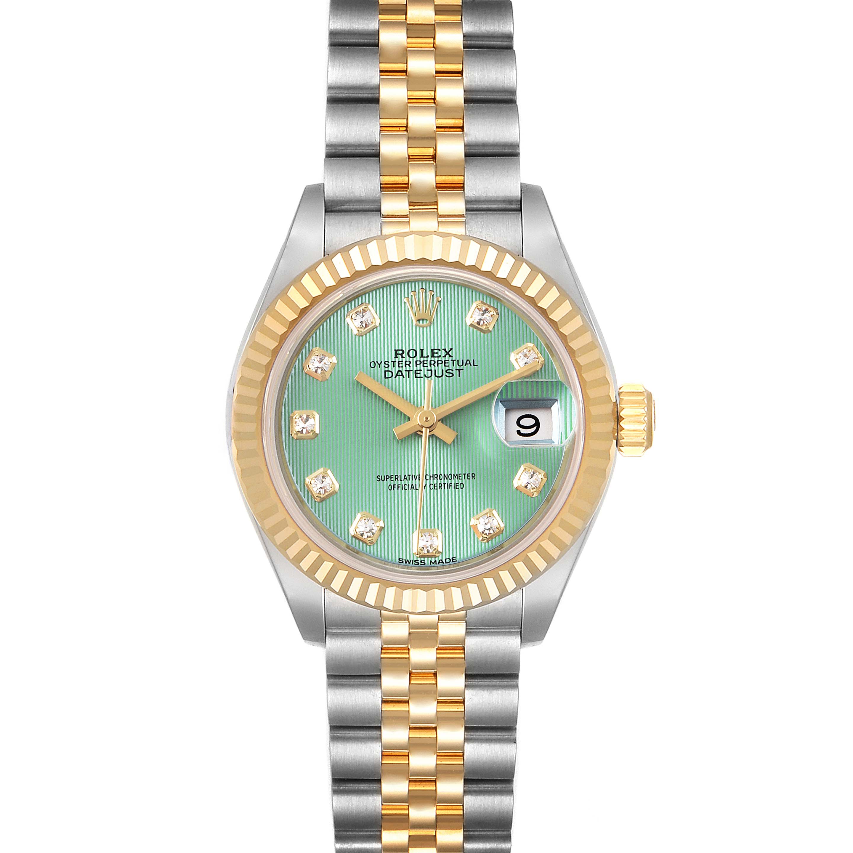 This Rolex Datejust 279173 Women
s Steel and Gold (two tone) Green Dial 279173 Women
s Steel and Gold (two tone) Green Dial watch is shown from the front, highlighting the green dial, jubilee bracelet, and the gold fluted bezel.