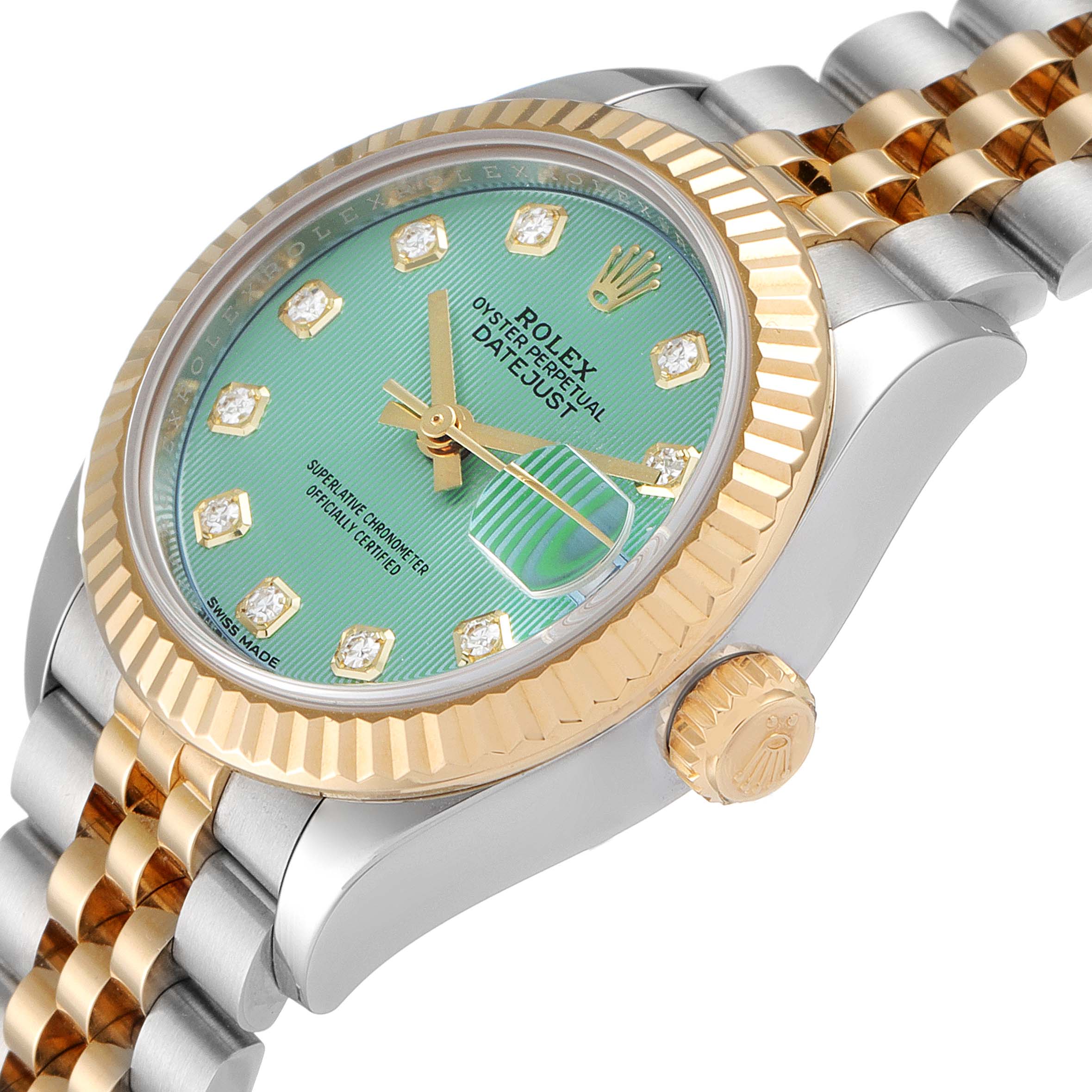 The image shows a close-up, side angle of a Rolex Datejust 279173 Women
s Steel and Gold (two tone) Green Dial 279173 Women
s Steel and Gold (two tone) Green Dial watch, highlighting the dial, bezel, crown, and part of the strap.