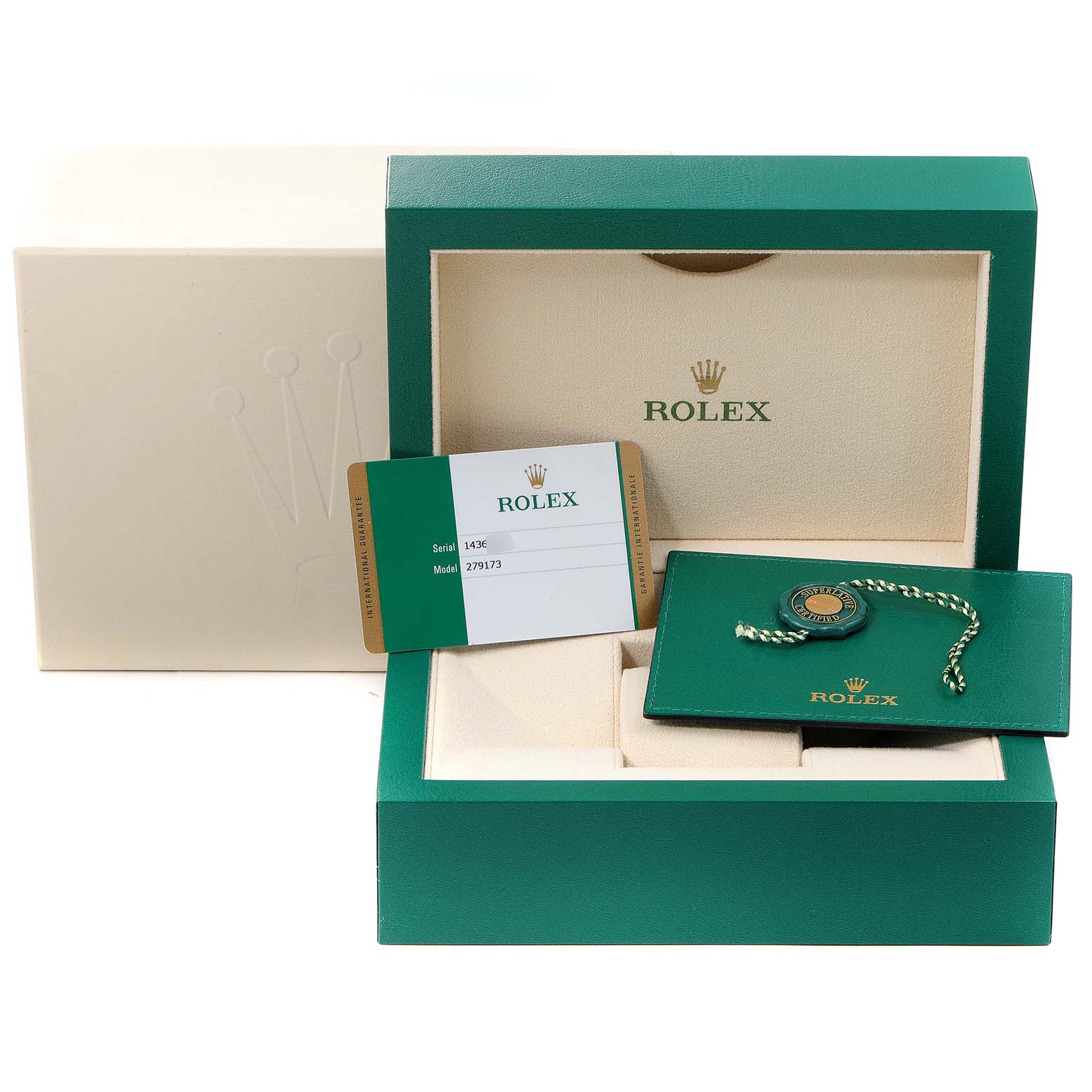 This image shows the box, warranty card, and accessories for a Rolex Datejust 279173 Women
s Steel and Gold (two tone) Green Dial 279173 Women
s Steel and Gold (two tone) Green Dial watch, displayed at a slight angle.