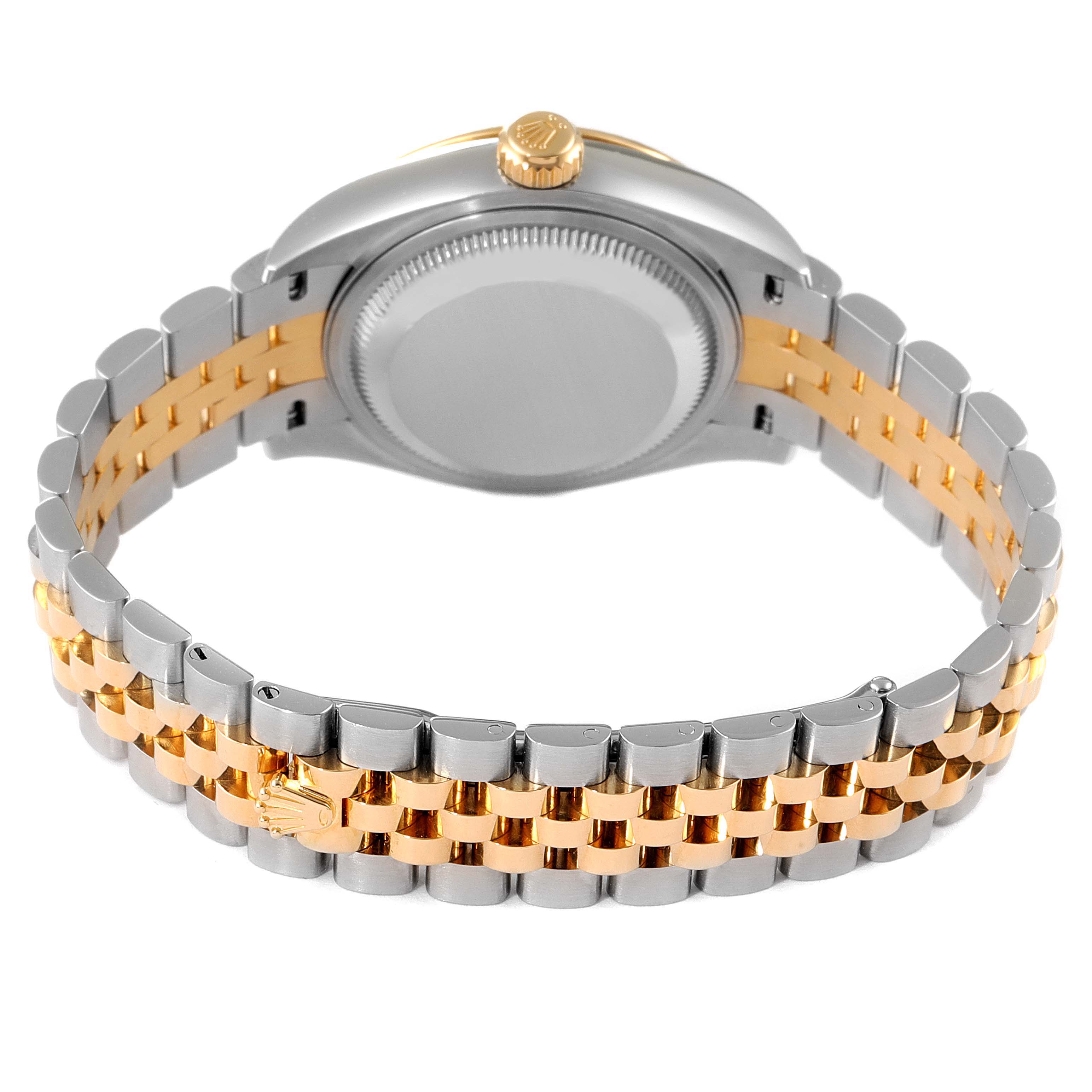 This image shows the back view of a Rolex Datejust 279173 Women
s Steel and Gold (two tone) Green Dial 279173 Women
s Steel and Gold (two tone) Green Dial watch, highlighting its two-tone metal bracelet and case back.